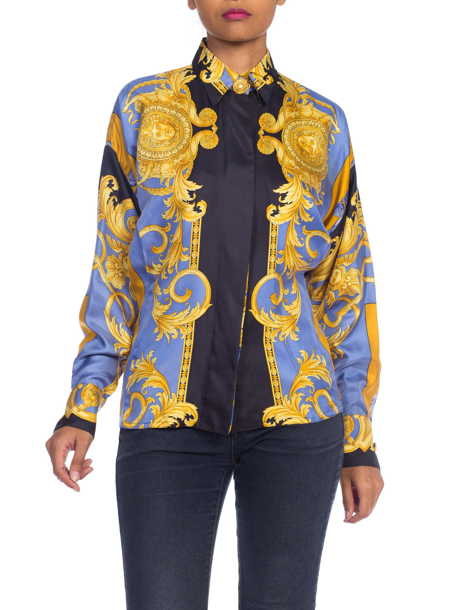 1990s Gianni Versace Gold Medusa Printed Silk Blouse 