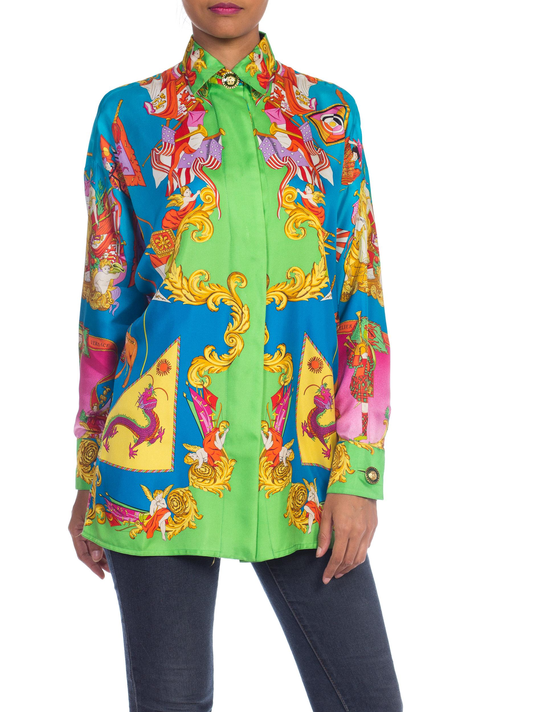 Women's 1990s Gianni Versace Atelier Silk Blouse With Scottish & Chinese Dragons