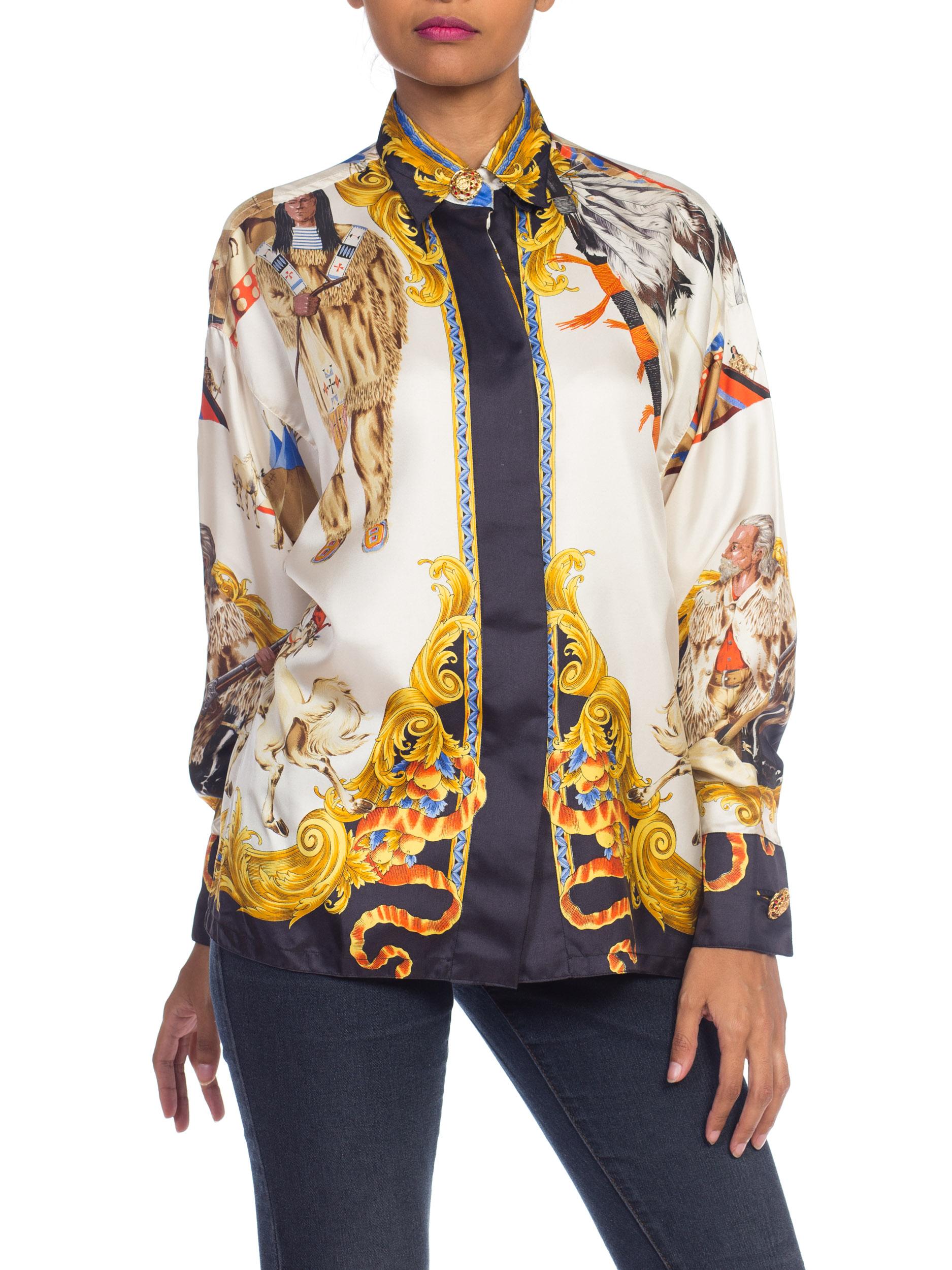1990S  GIANNI VERSACE Silk Native American Buffalo Bill Shirt Sz 38 In Excellent Condition For Sale In New York, NY
