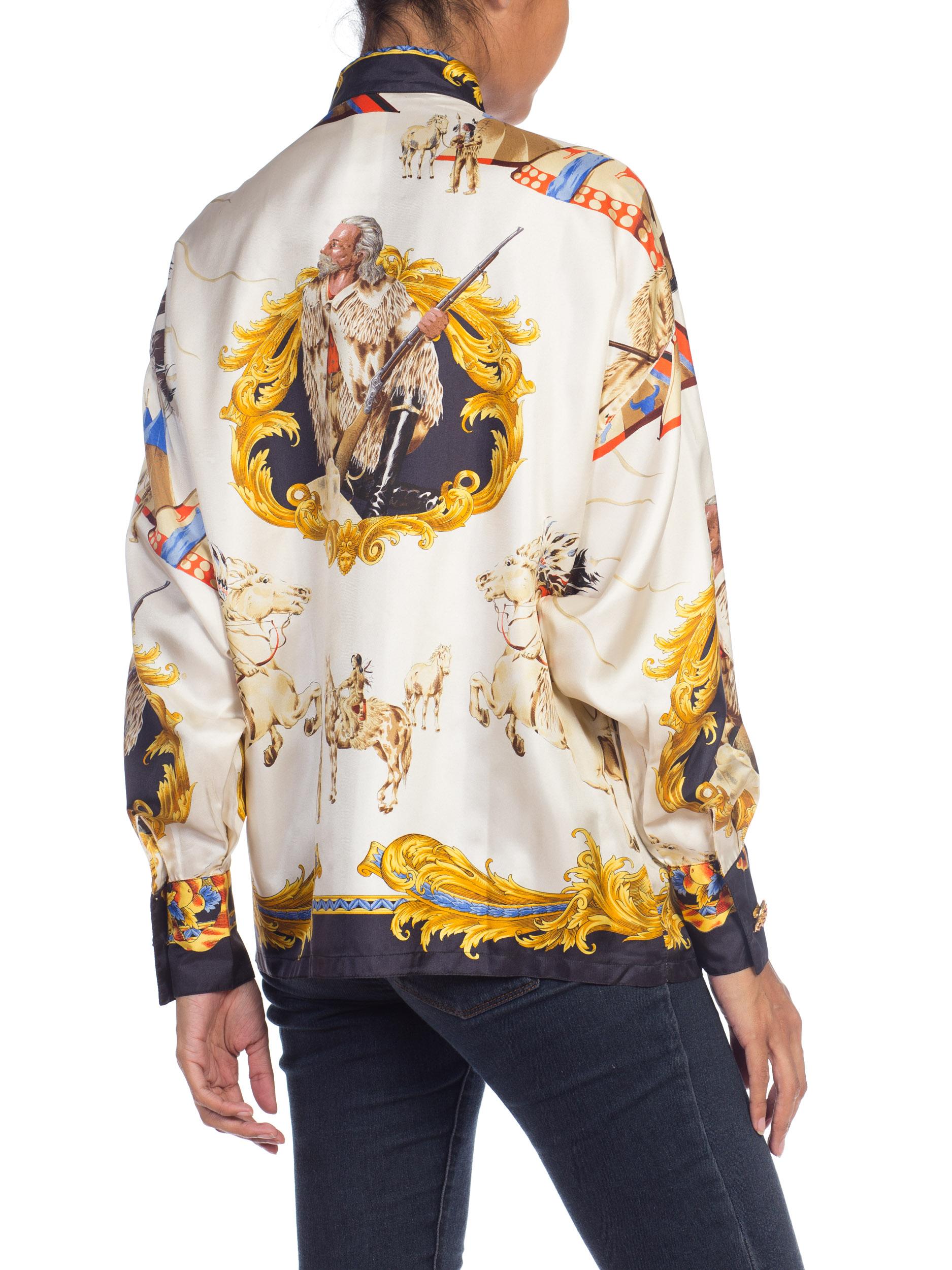 1990S  GIANNI VERSACE Silk Native American Buffalo Bill Shirt Sz 38 For Sale 2