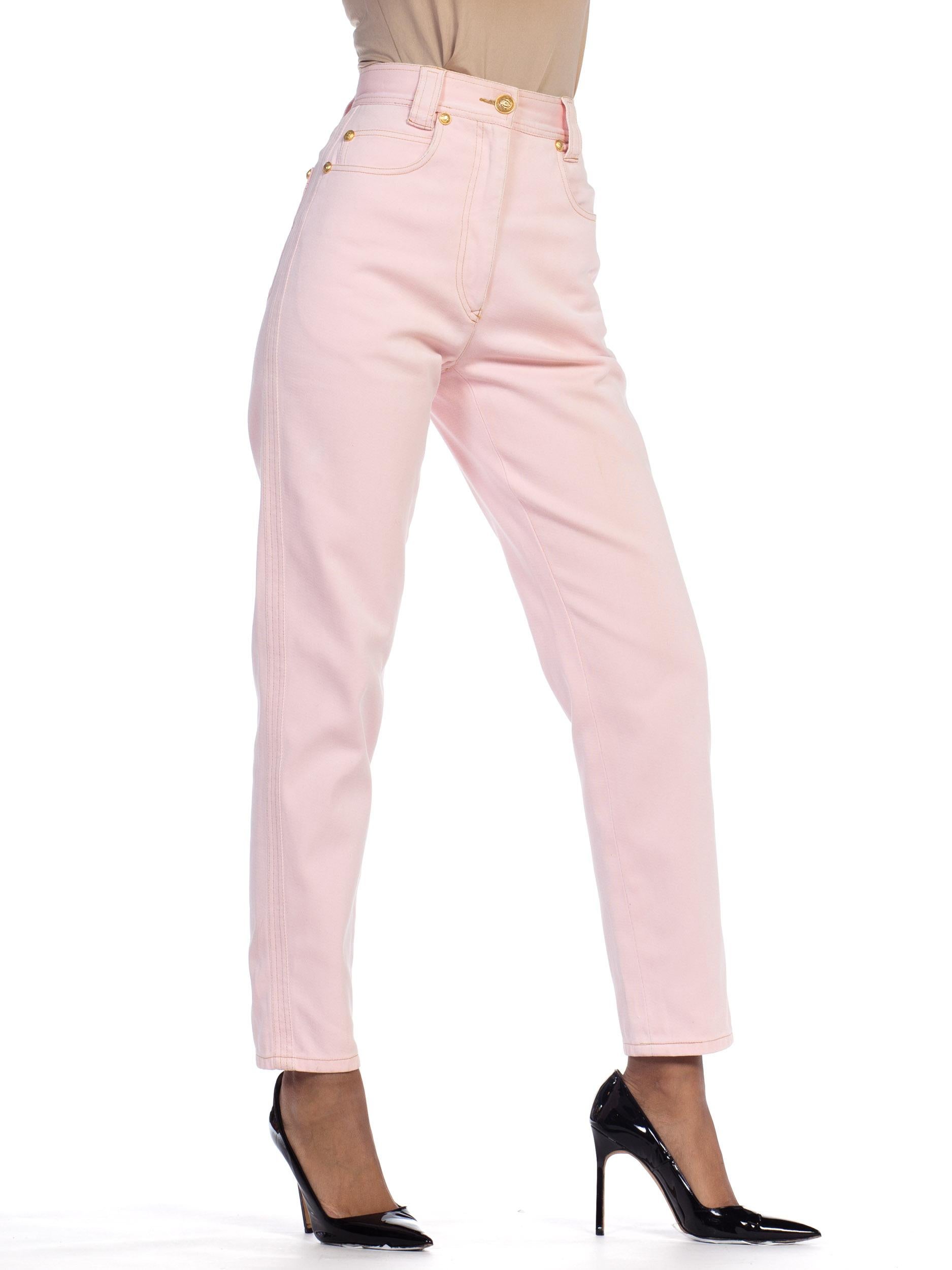 White 1990s Gianni Versace Pastel Pink Denim Jacket & Jeans