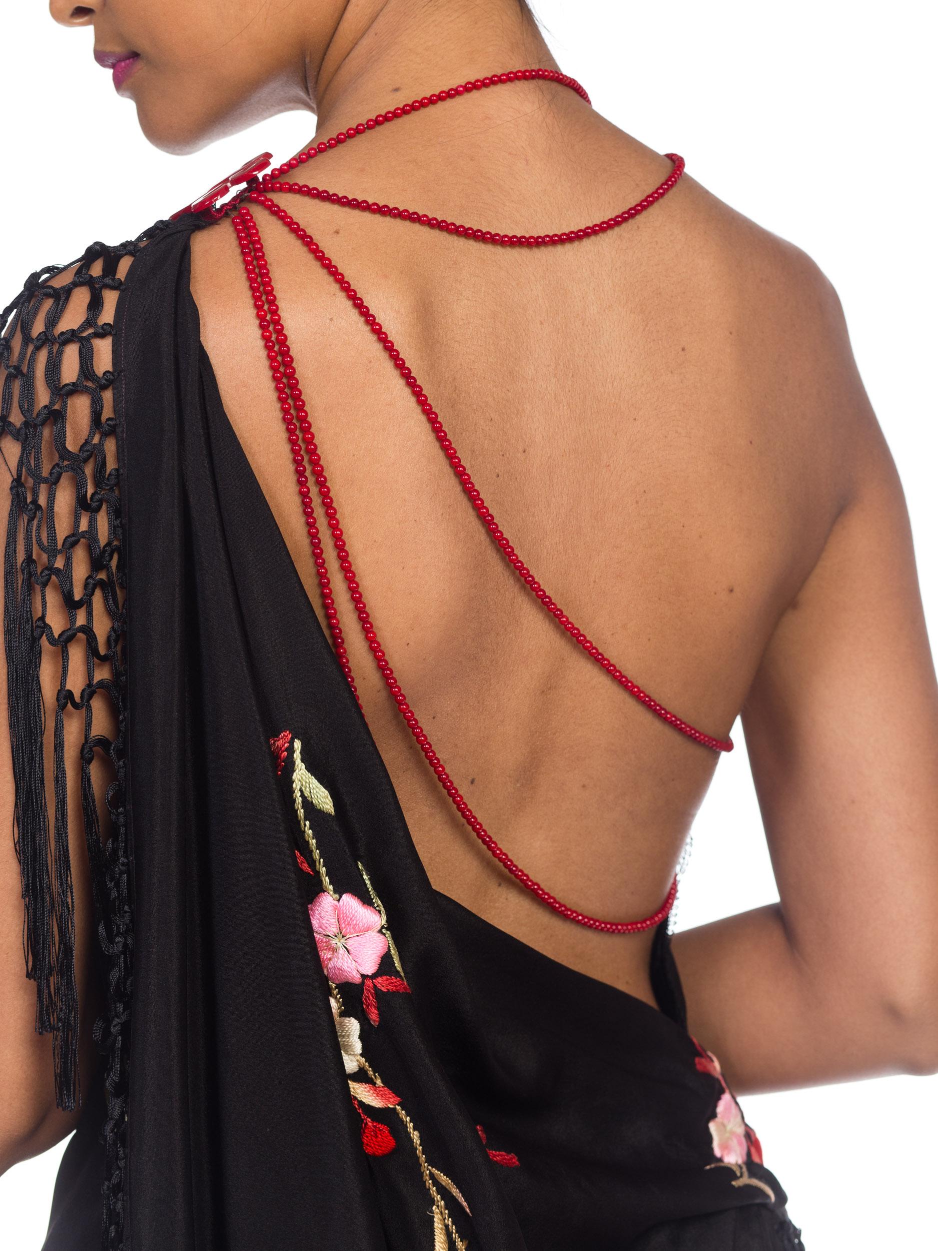 Bias Cut Backless Gown In Hand Embroidered 1920s Silk With Fringe & Coral Beads 2