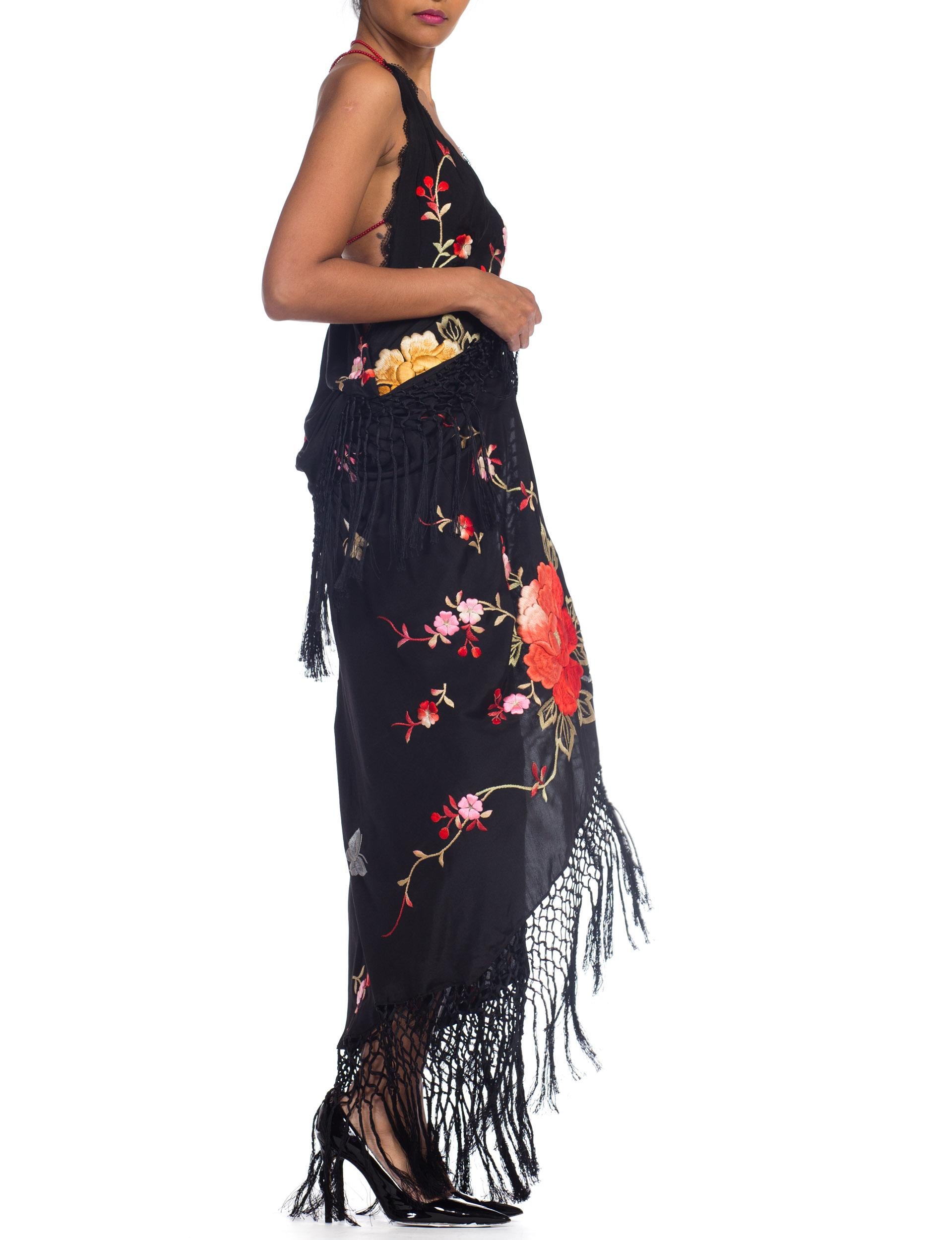 Bias Cut Backless Gown In Hand Embroidered 1920s Silk With Fringe & Coral Beads 7