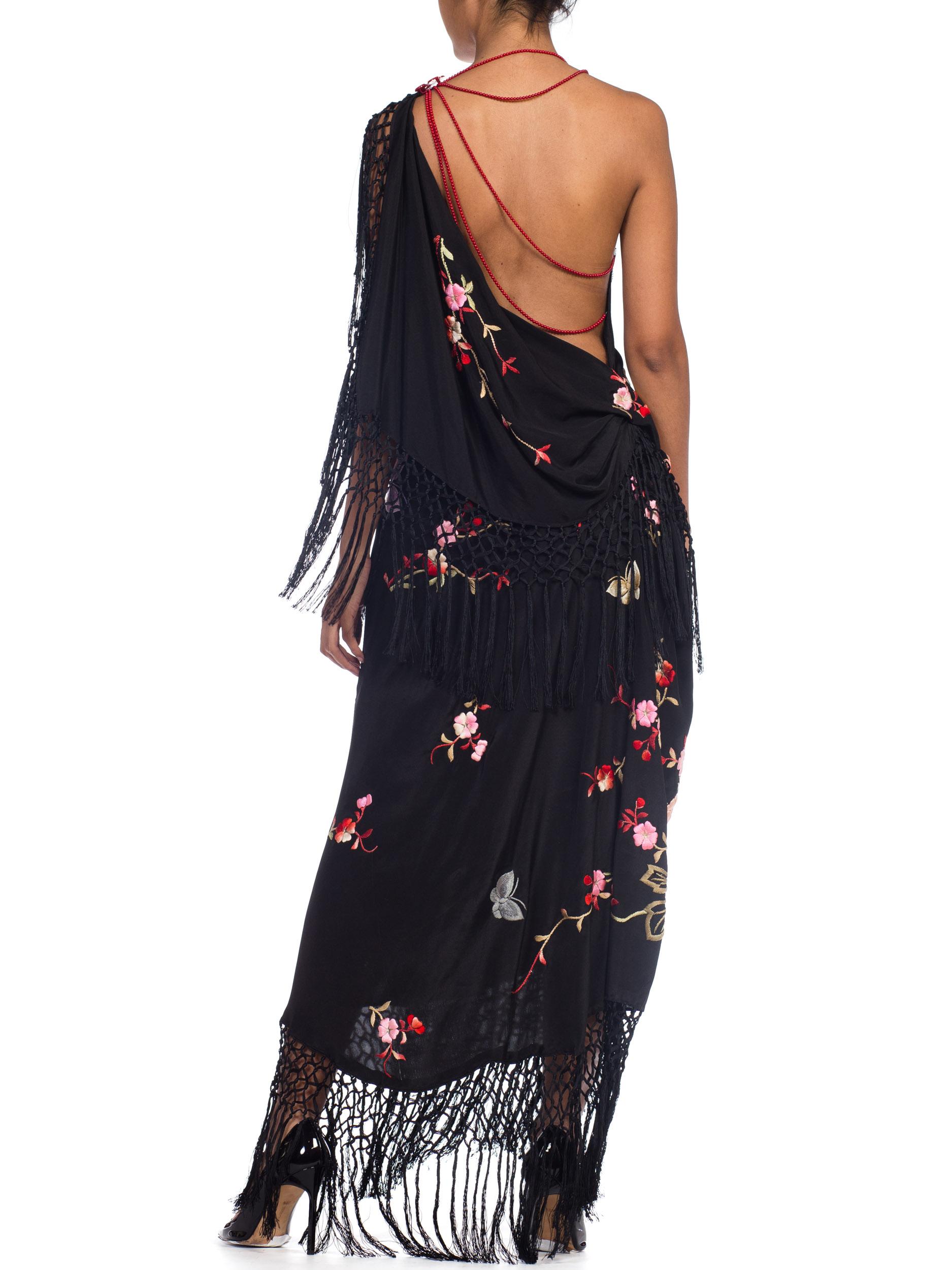 Bias Cut Backless Gown In Hand Embroidered 1920s Silk With Fringe & Coral Beads 1