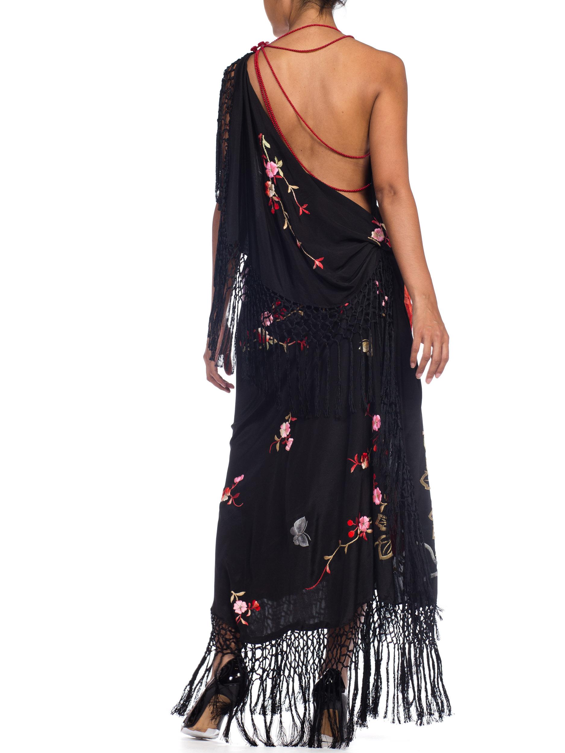 Bias Cut Backless Gown In Hand Embroidered 1920s Silk With Fringe & Coral Beads 9