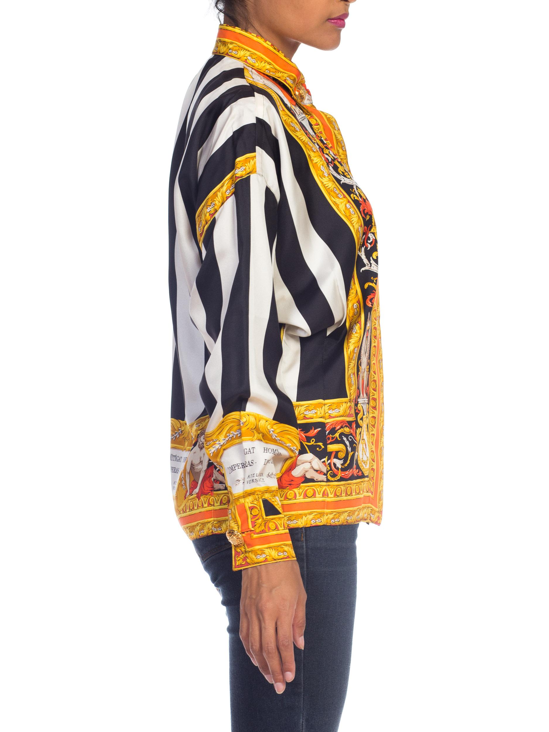 Orange 1990S ATELIER GIANNI VERSACE Black & White Striped Silk Baroque Printed  Shirt