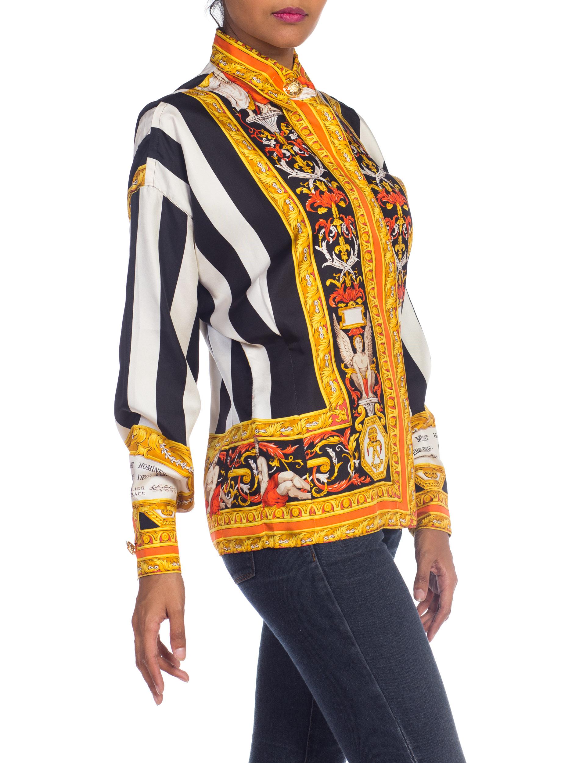 1990S ATELIER GIANNI VERSACE Black & White Striped Silk Baroque Printed  Shirt In Excellent Condition In New York, NY