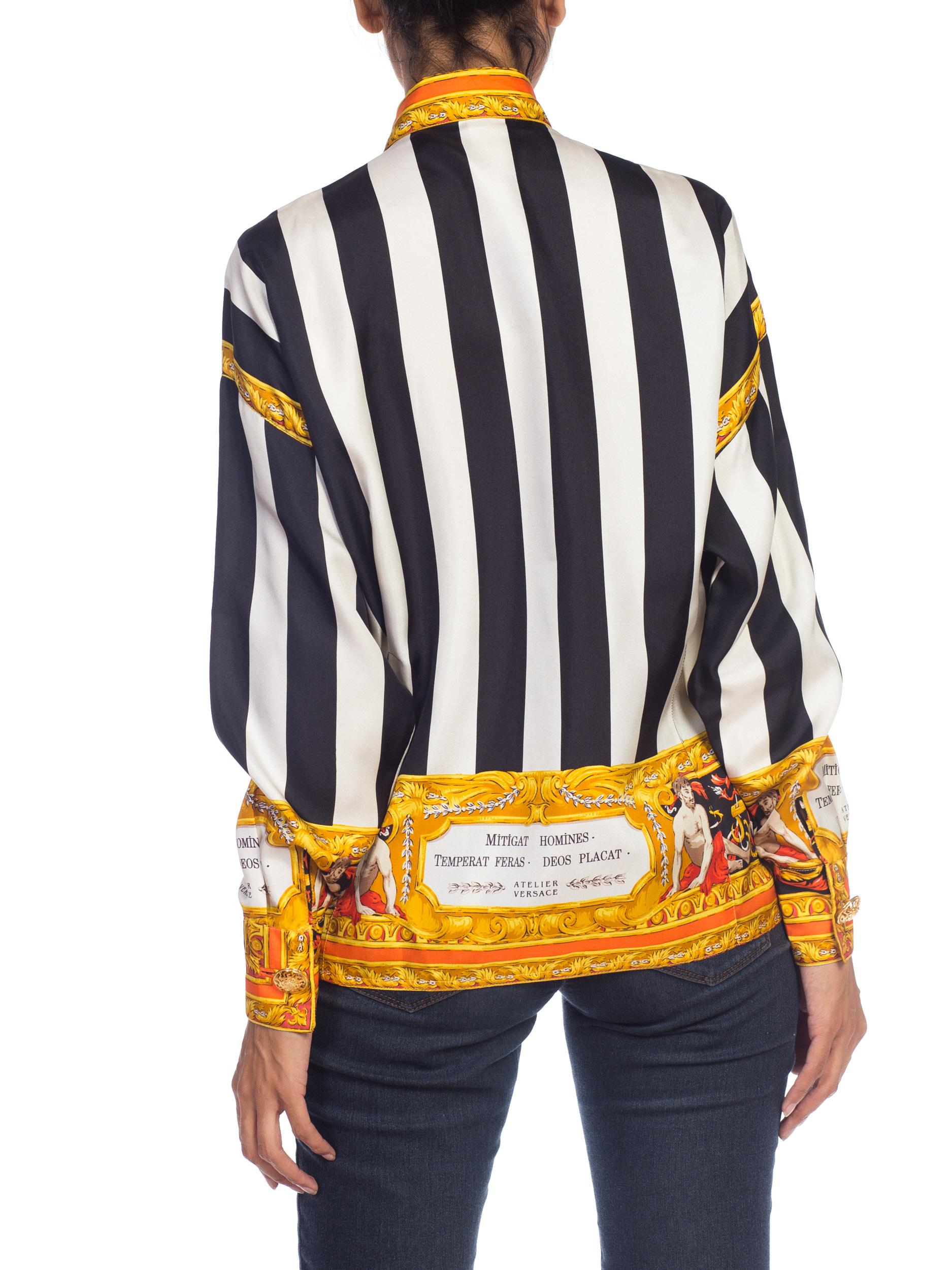 Women's 1990S ATELIER GIANNI VERSACE Black & White Striped Silk Baroque Printed  Shirt