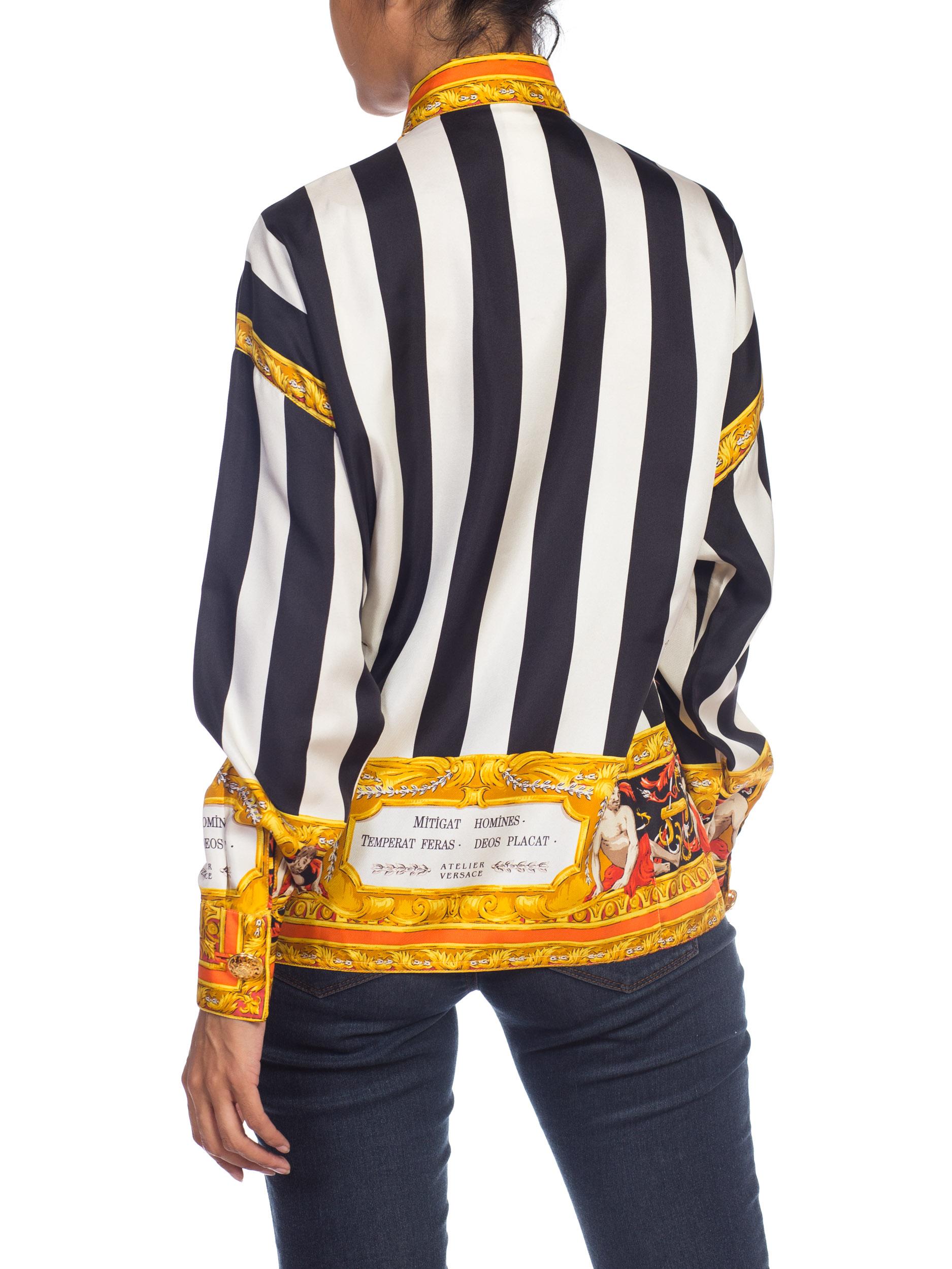 1990S ATELIER GIANNI VERSACE Black & White Striped Silk Baroque Printed  Shirt 1