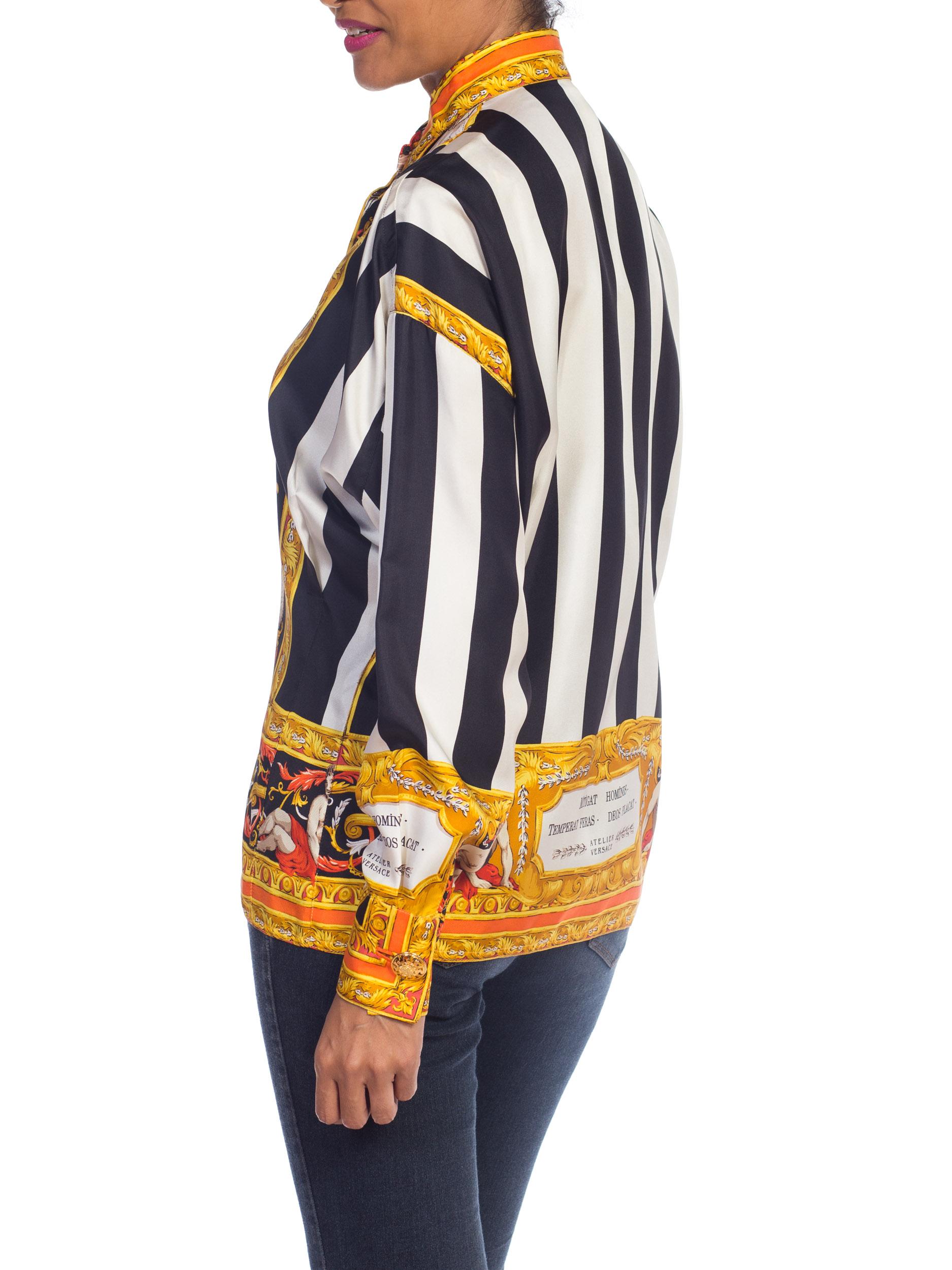 1990S ATELIER GIANNI VERSACE Black & White Striped Silk Baroque Printed  Shirt 2