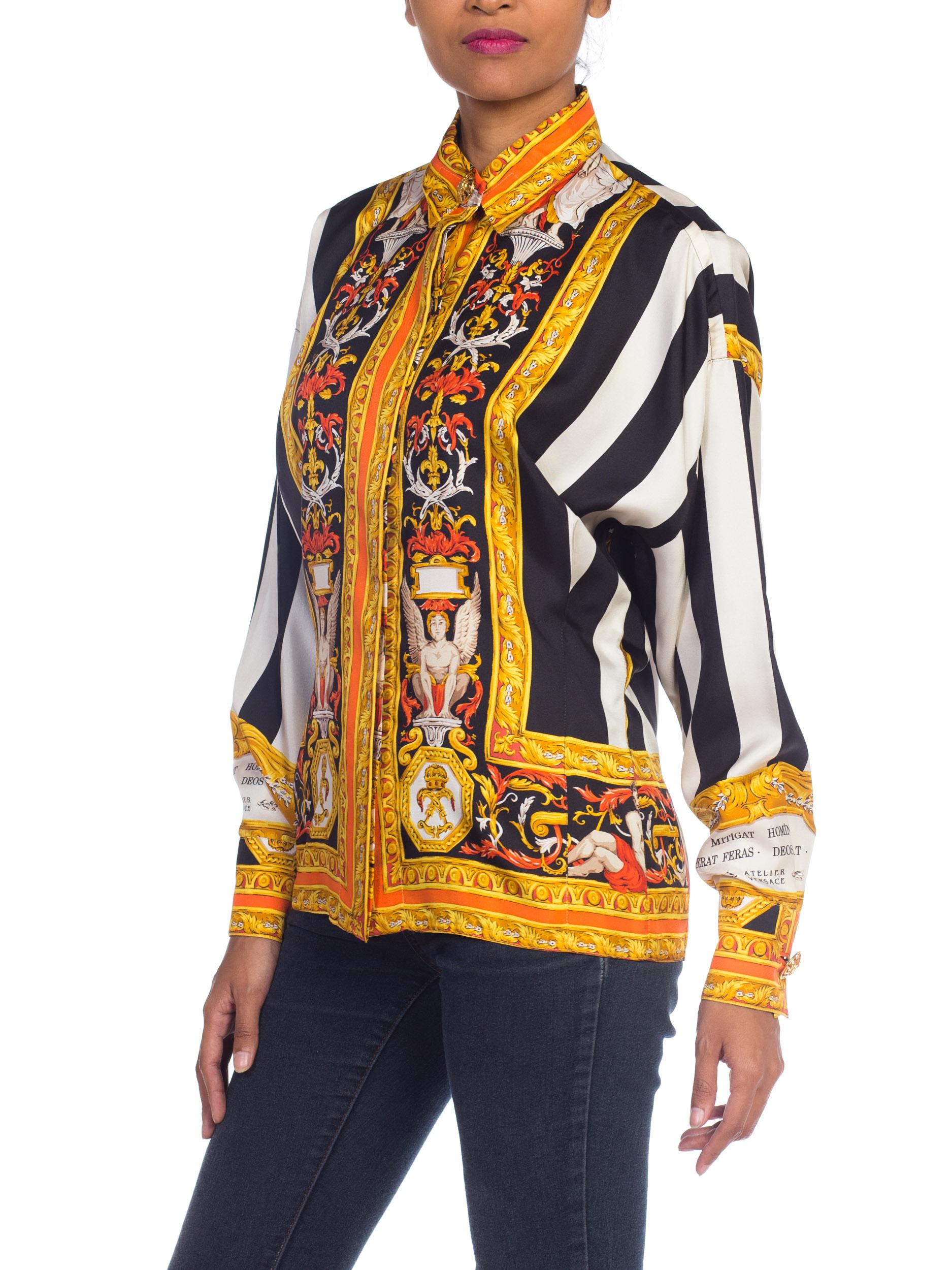 1990S ATELIER GIANNI VERSACE Black & White Striped Silk Baroque Printed  Shirt 3