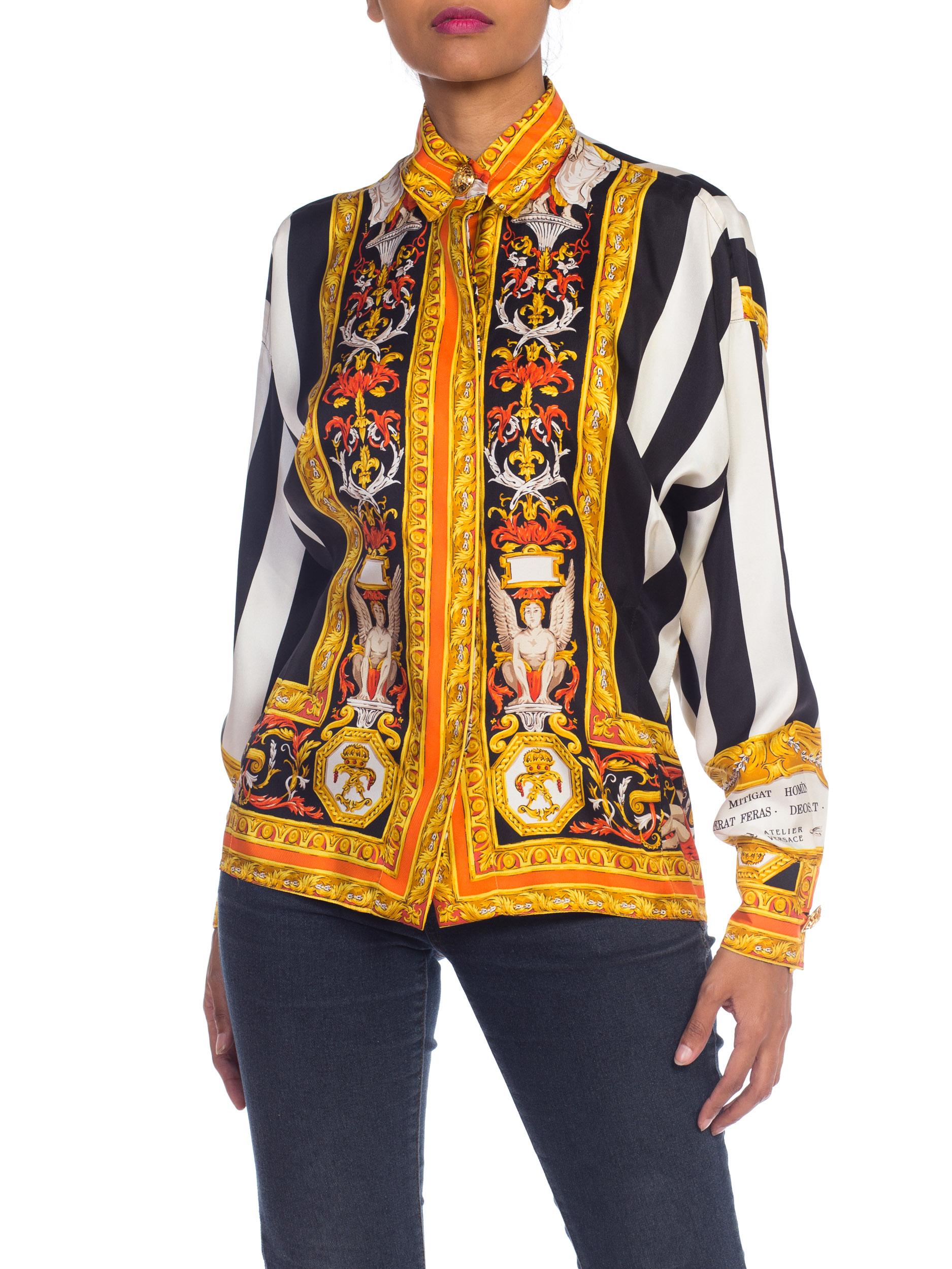 1990S ATELIER GIANNI VERSACE Black & White Striped Silk Baroque Printed  Shirt 4