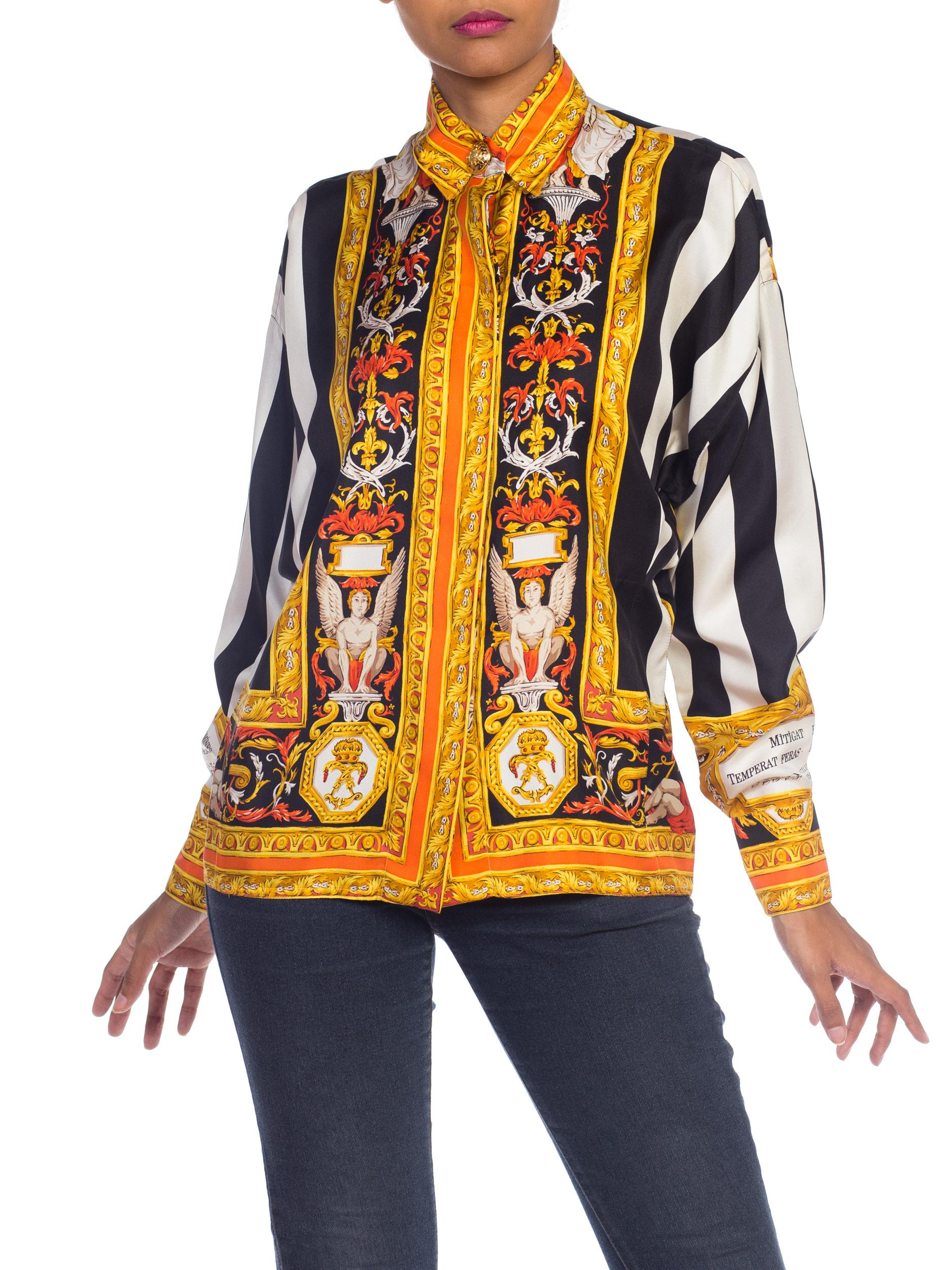 1990S ATELIER GIANNI VERSACE Black & White Striped Silk Baroque Printed  Shirt 8