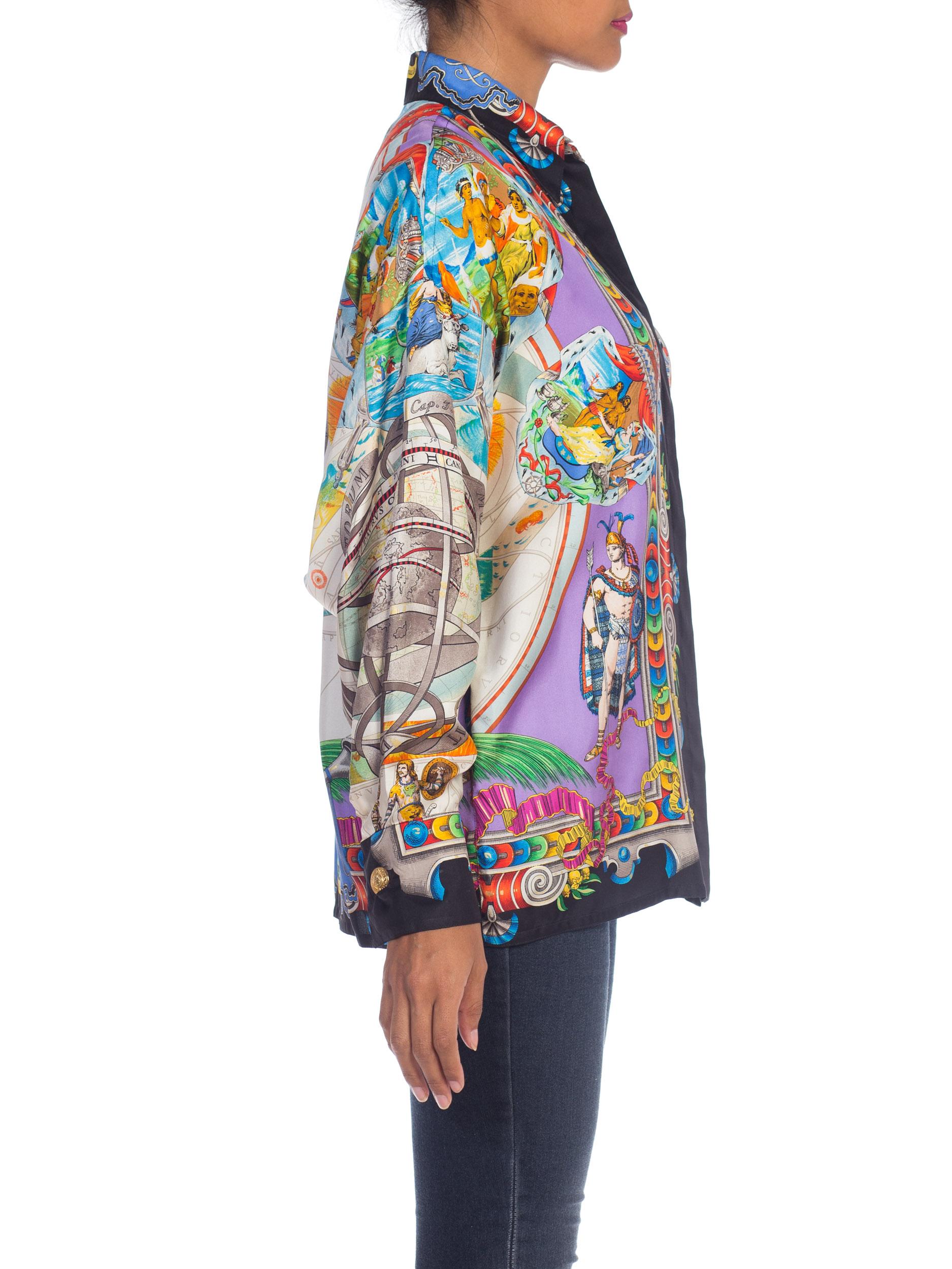 1990s Gianni Versace Atelier Hand Printed World Explorer Silk Blouse  In Excellent Condition In New York, NY