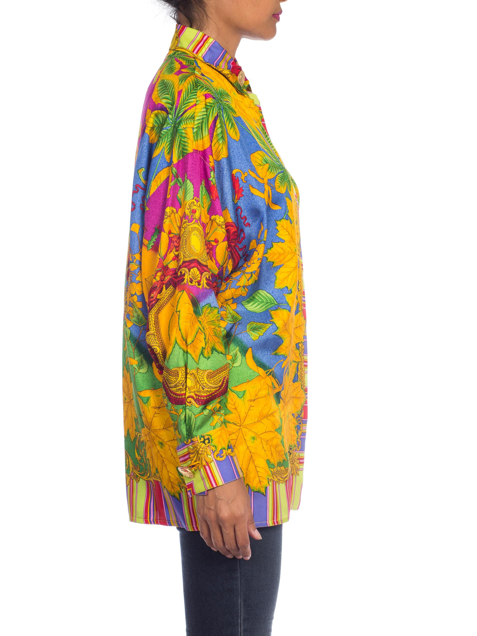 Women's 1990S ATELIER GIANNI VERSACE Printed Silk Baroque Leaves Shirt Sz 38 For Sale