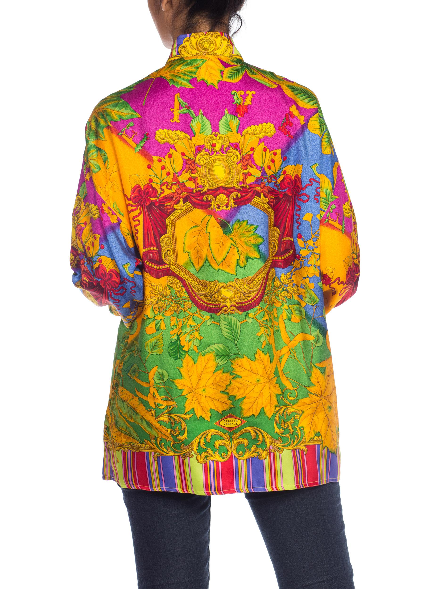 1990S ATELIER GIANNI VERSACE Printed Silk Baroque Leaves Shirt Sz 38 For Sale 1