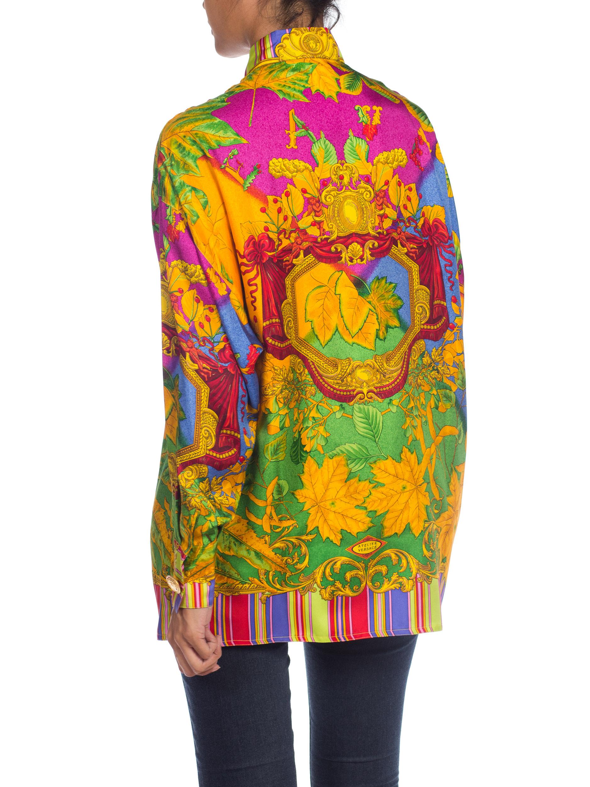 1990S ATELIER GIANNI VERSACE Printed Silk Baroque Leaves Shirt Sz 38 For Sale 2