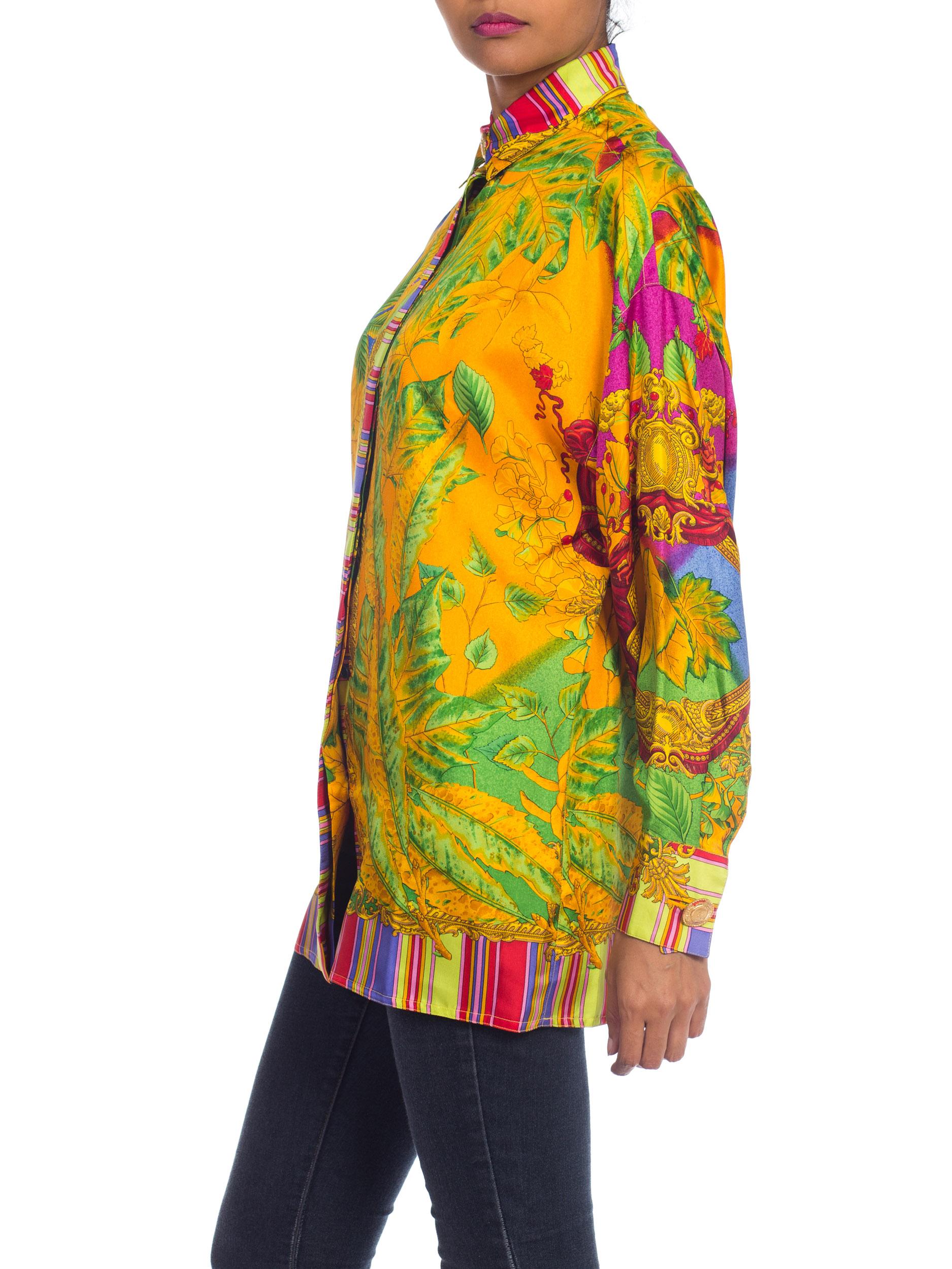1990S ATELIER GIANNI VERSACE Printed Silk Baroque Leaves Shirt Sz 38 For Sale 4