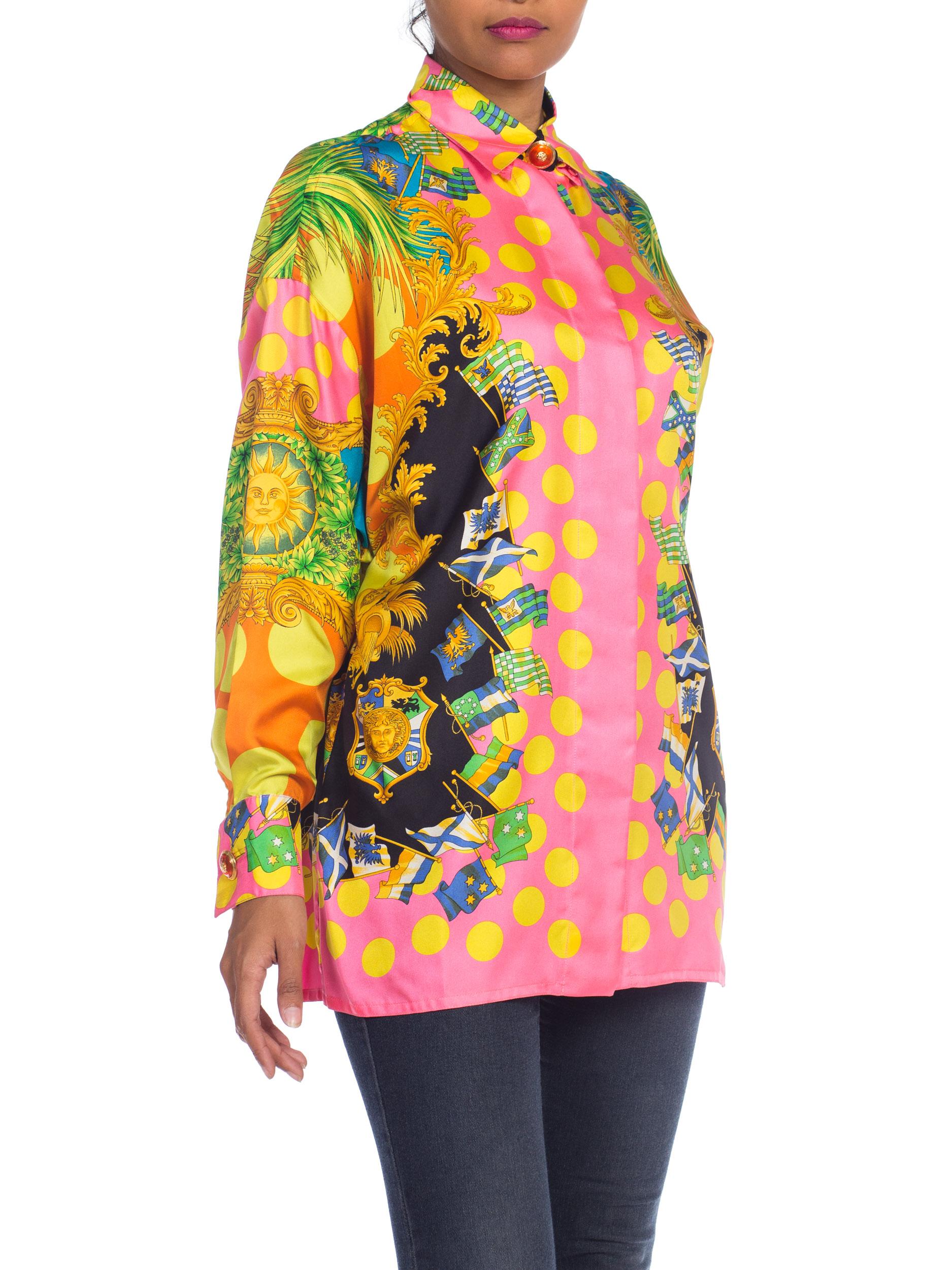 1990S  GIANNI VERSACE Miami Collection Tropical Silk Blouse Top In Excellent Condition In New York, NY