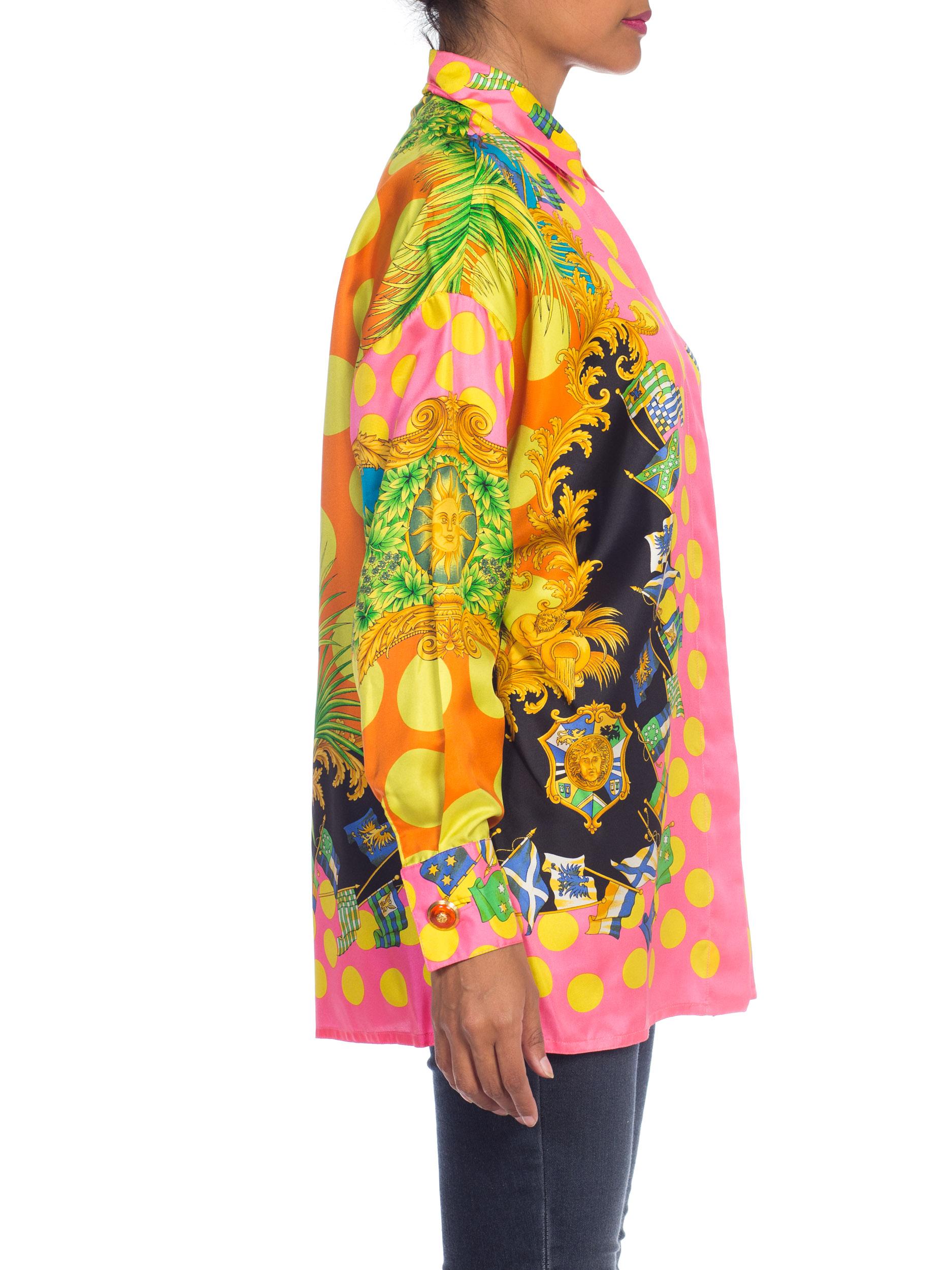 Women's 1990S  GIANNI VERSACE Miami Collection Tropical Silk Blouse Top