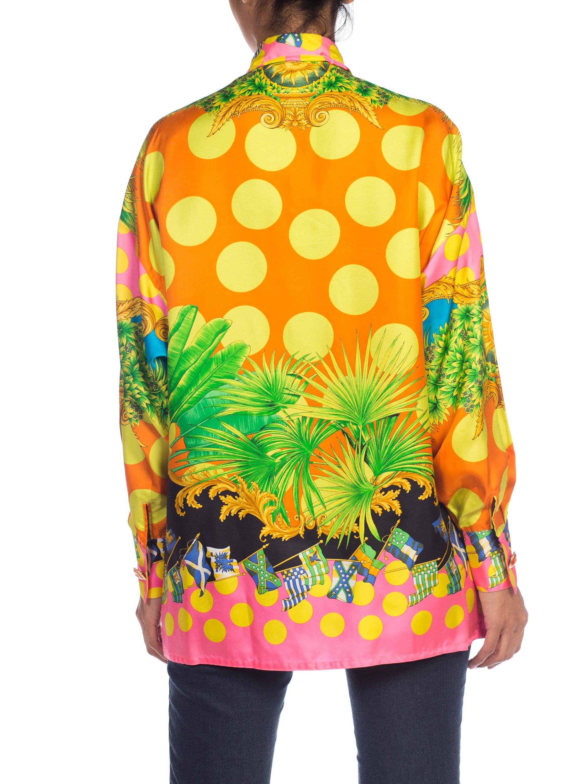 1990S  GIANNI VERSACE Miami Collection Tropical Silk Blouse Top 1