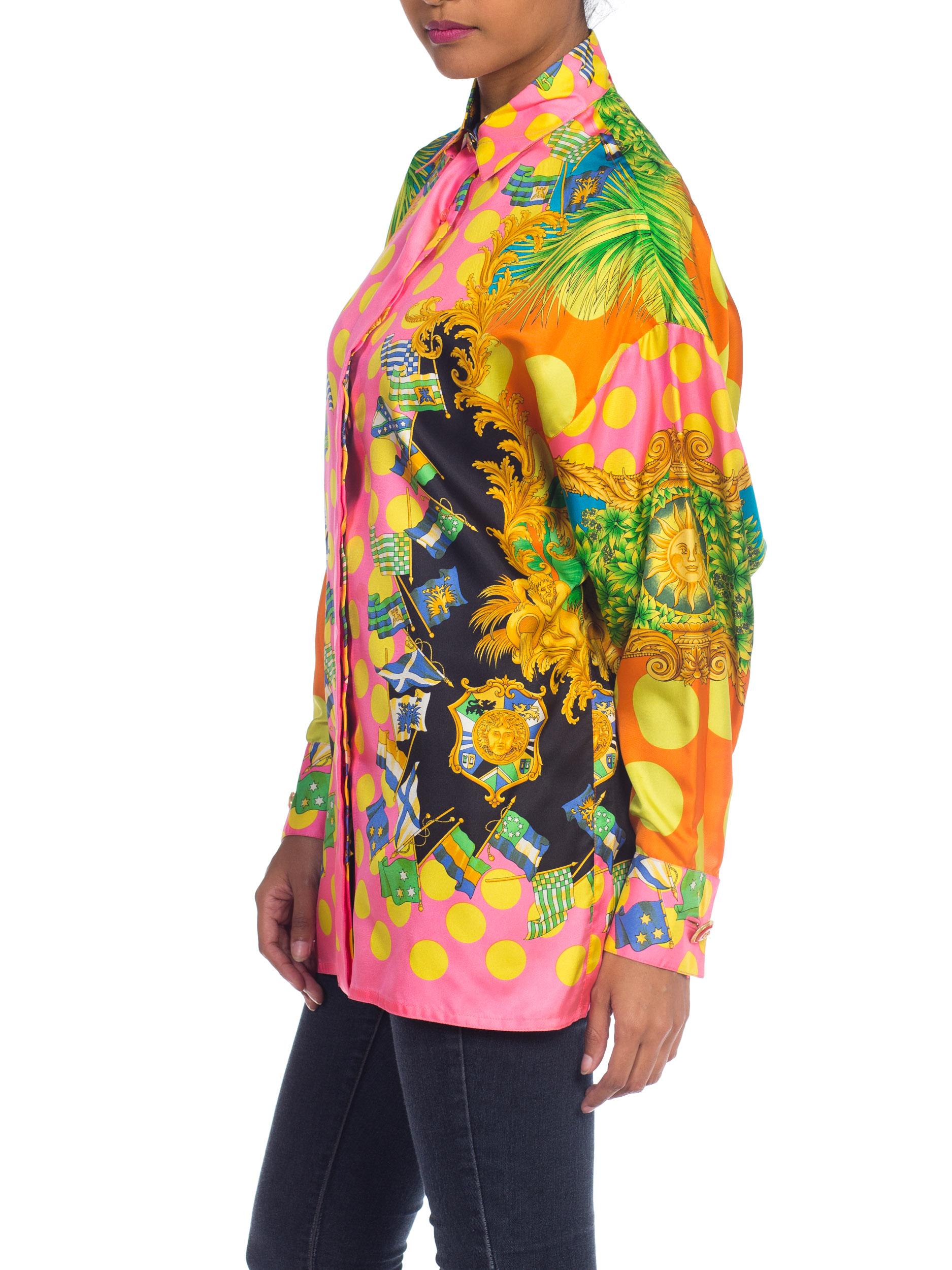 1990S  GIANNI VERSACE Miami Collection Tropical Silk Blouse Top 3