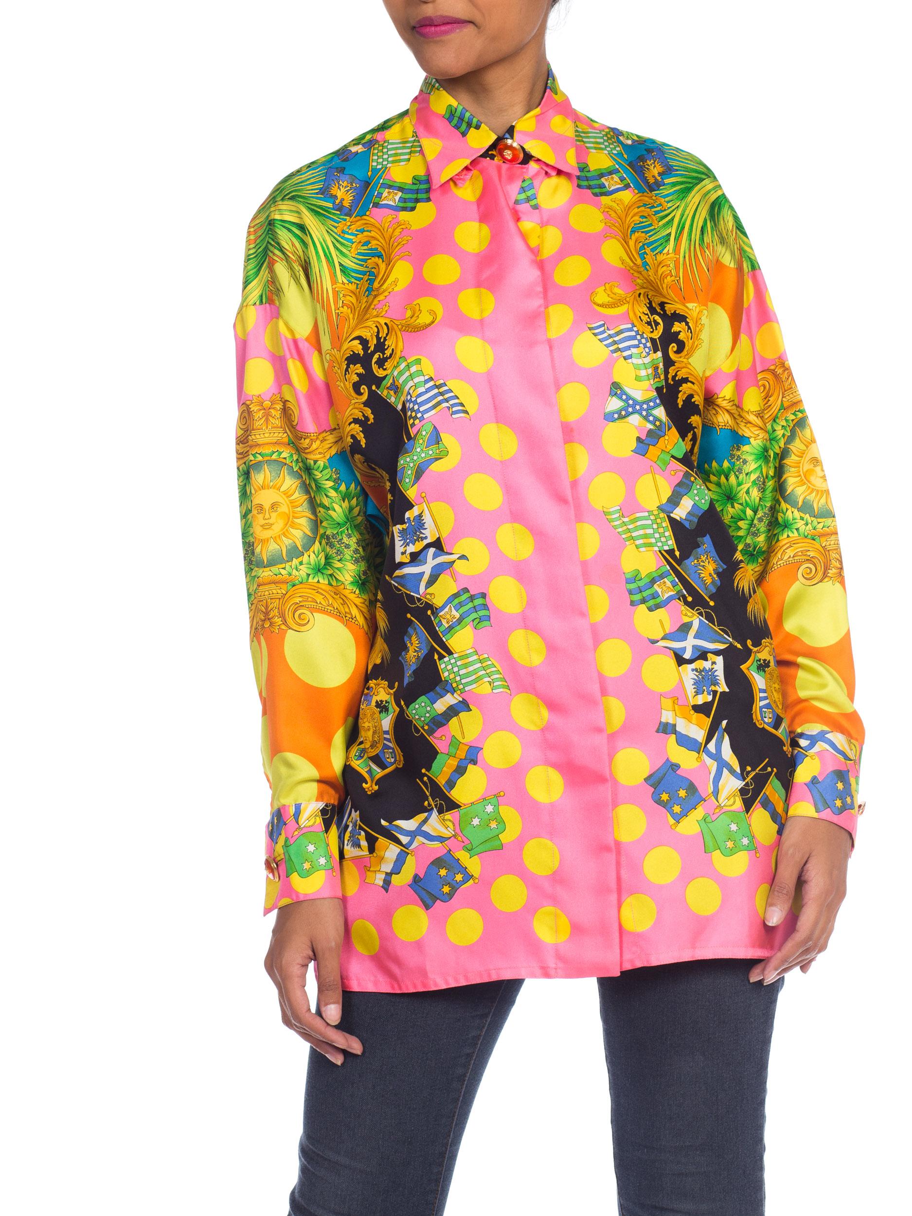 1990S  GIANNI VERSACE Miami Collection Tropical Silk Blouse Top 4