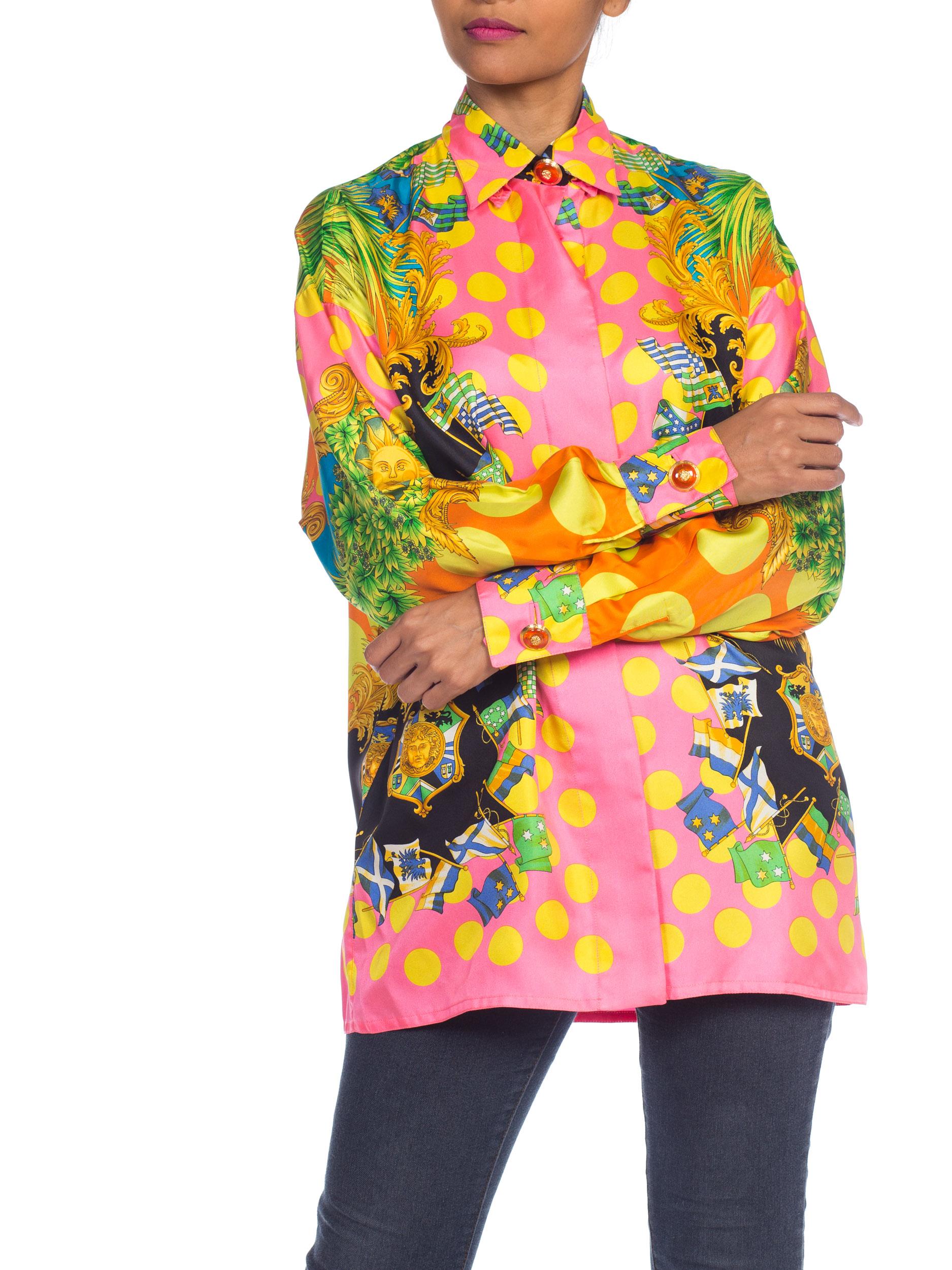 1990S  GIANNI VERSACE Miami Collection Tropical Silk Blouse Top 5