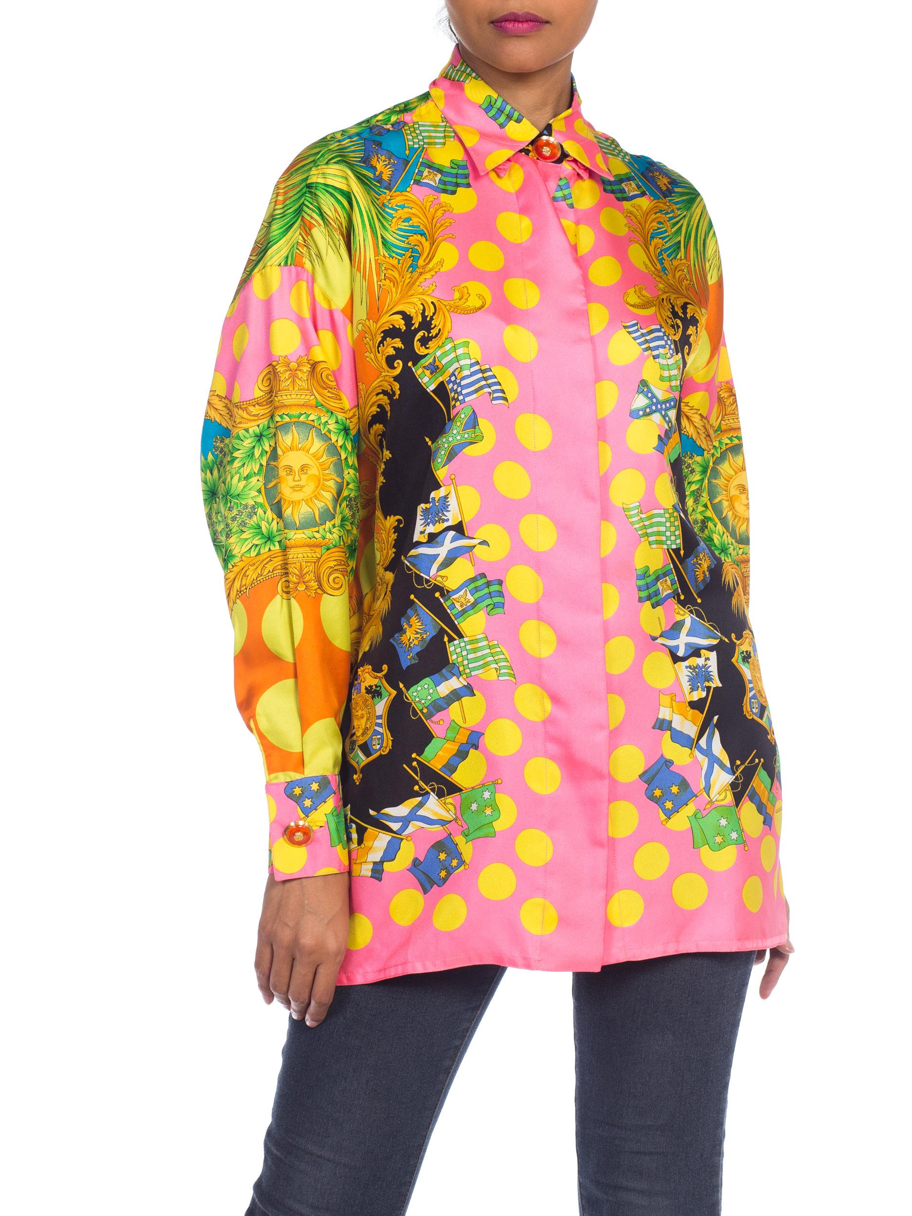 1990S  GIANNI VERSACE Miami Collection Tropical Silk Blouse Top 6