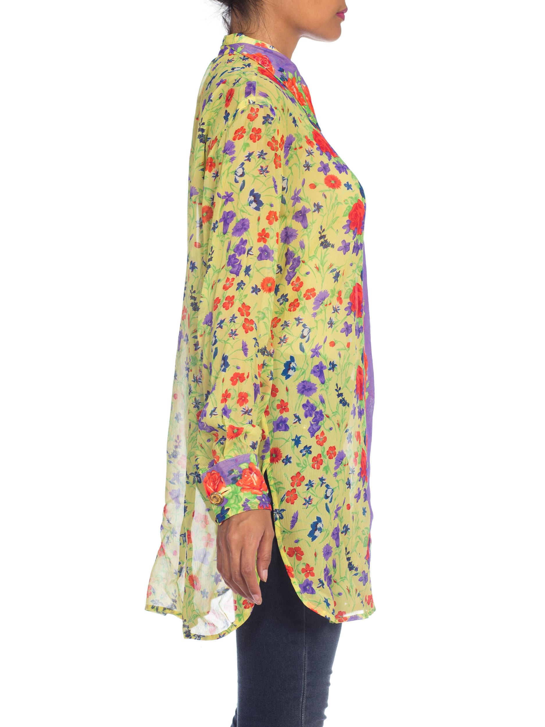 1990S  GIANNI VERSACE Floral Printed Silk Chiffon Sheer Oversized Shirt Sz 42 In Excellent Condition In New York, NY