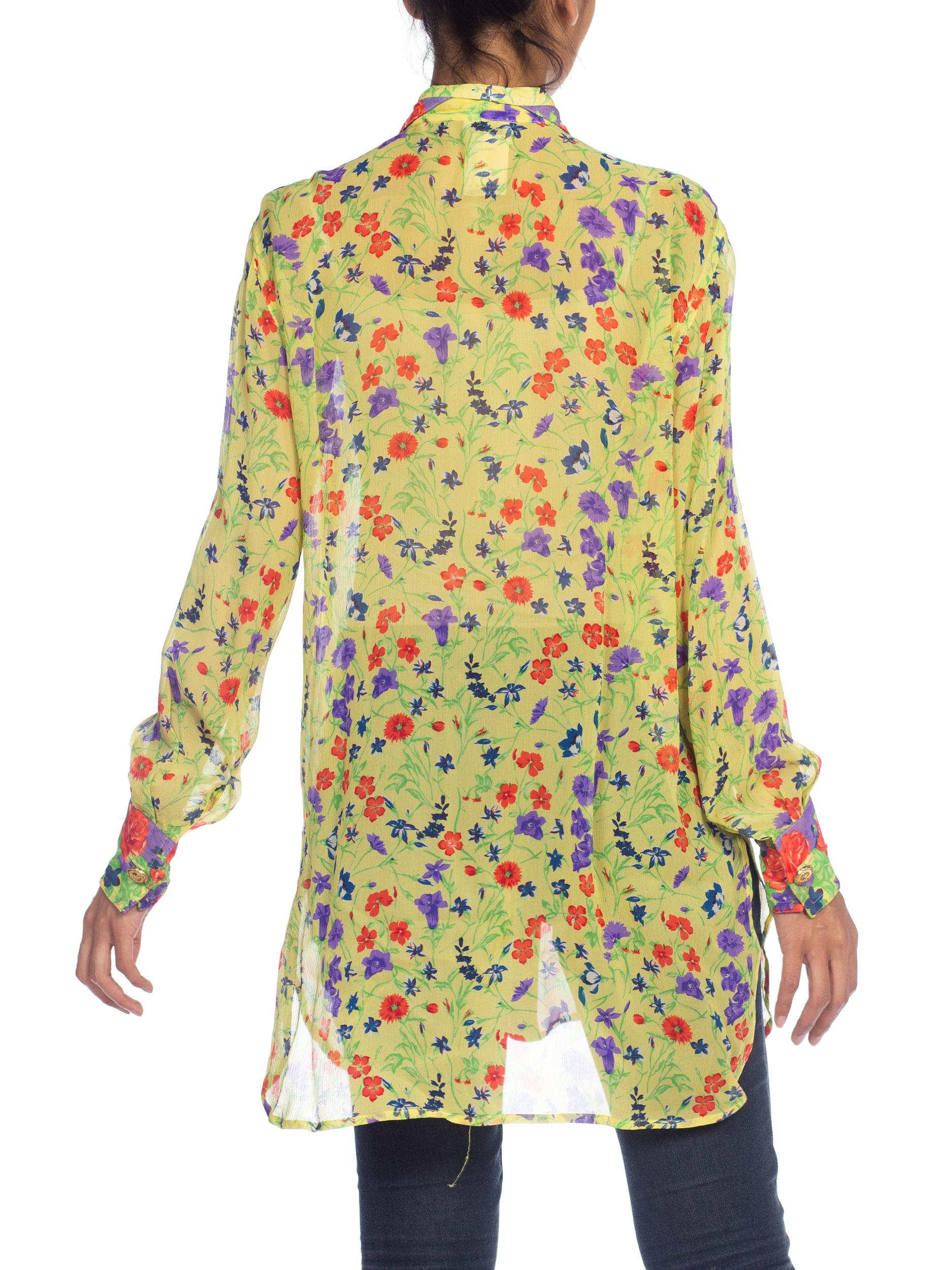 Women's 1990S  GIANNI VERSACE Floral Printed Silk Chiffon Sheer Oversized Shirt Sz 42