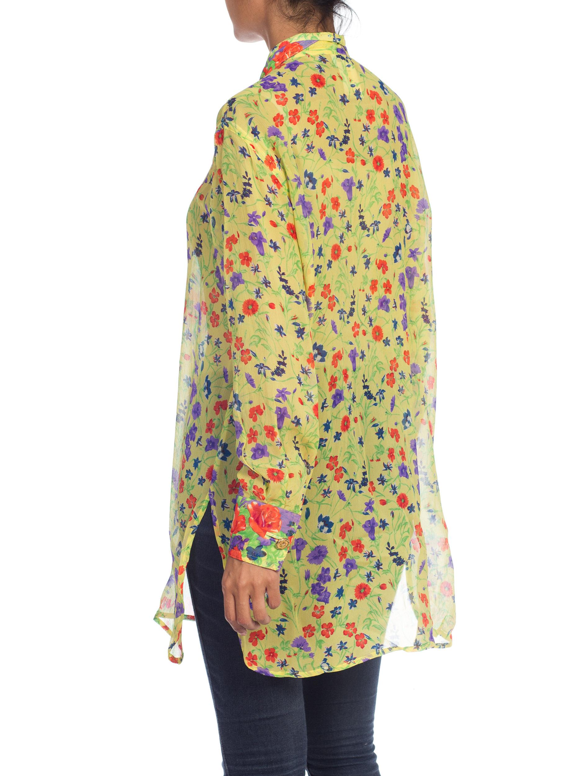 1990S  GIANNI VERSACE Floral Printed Silk Chiffon Sheer Oversized Shirt Sz 42 1