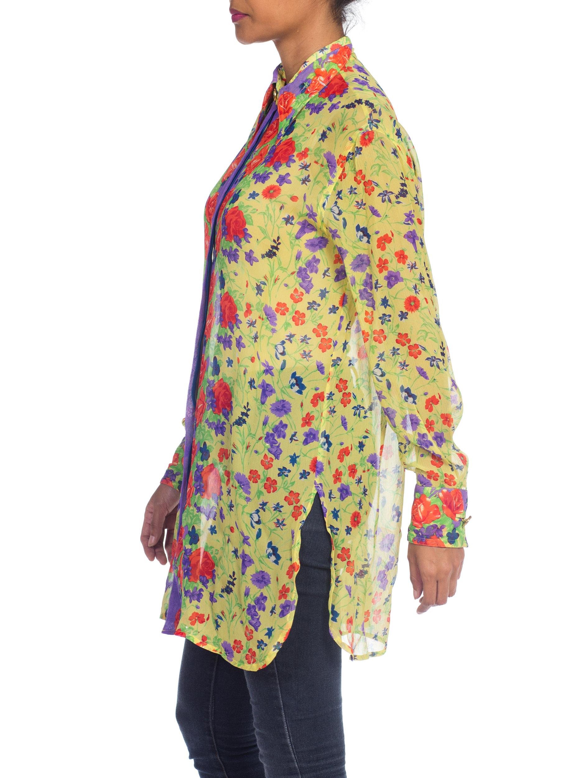 1990S  GIANNI VERSACE Floral Printed Silk Chiffon Sheer Oversized Shirt Sz 42 2