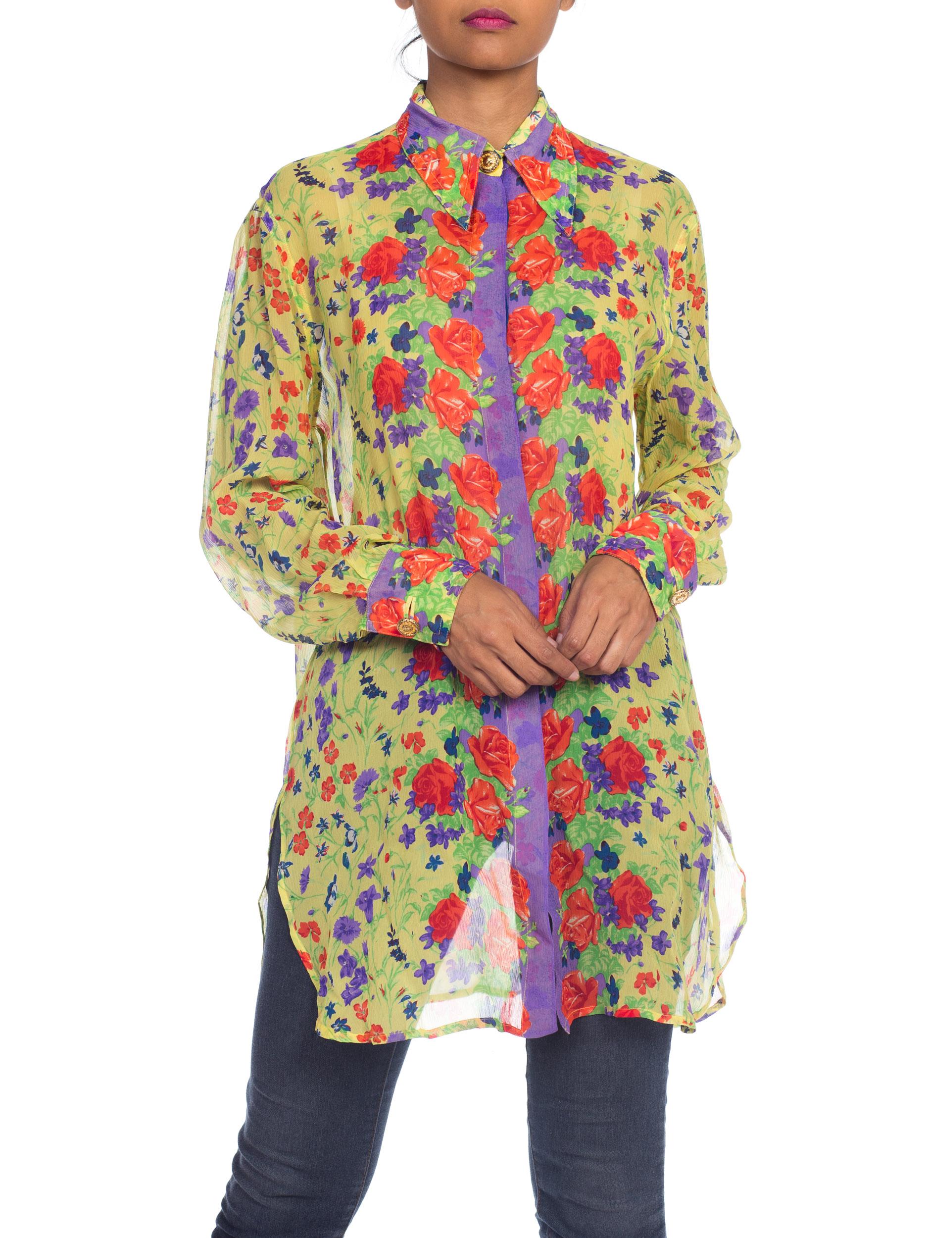 1990S  GIANNI VERSACE Floral Printed Silk Chiffon Sheer Oversized Shirt Sz 42 4