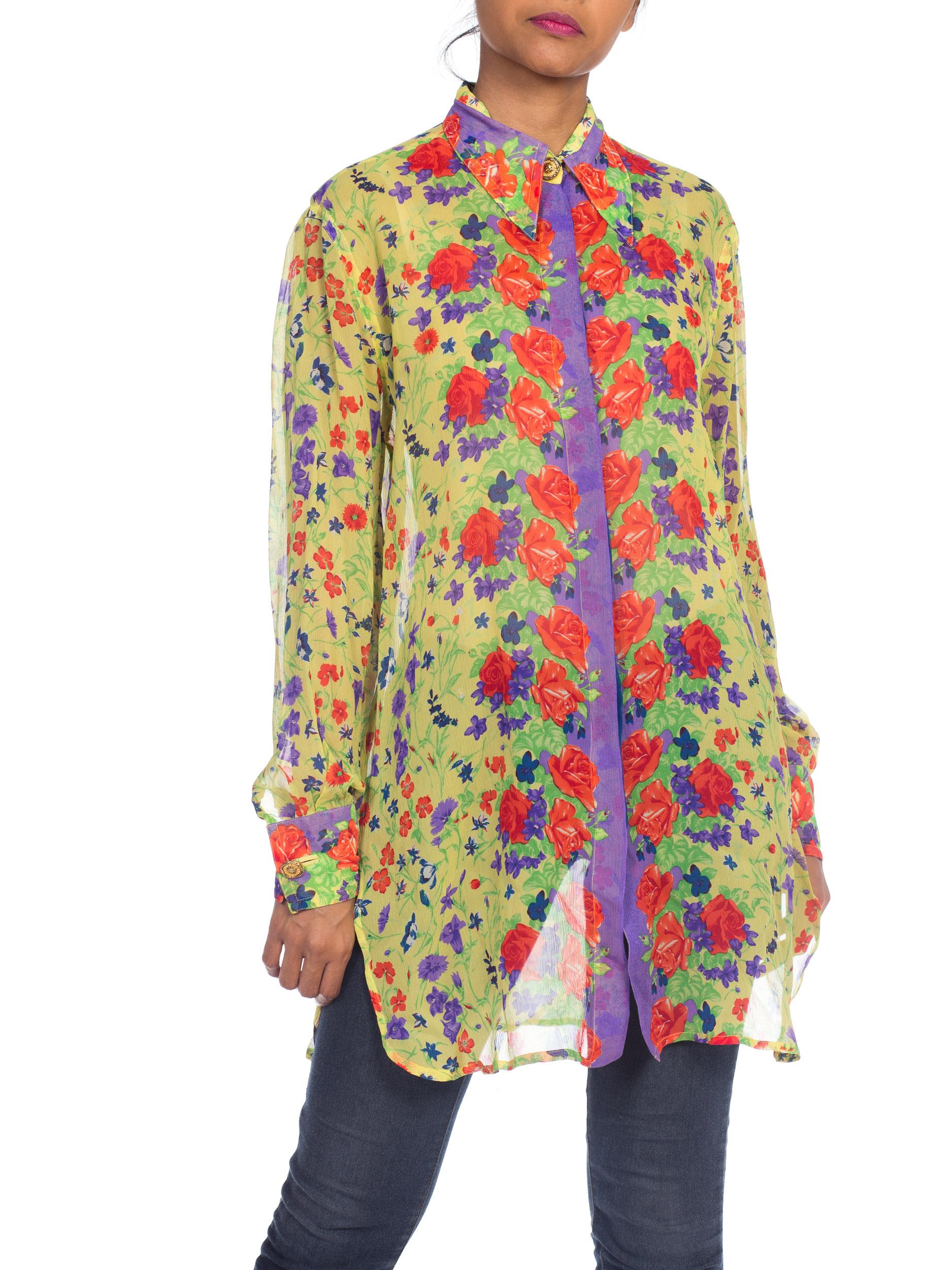 1990S  GIANNI VERSACE Floral Printed Silk Chiffon Sheer Oversized Shirt Sz 42 5