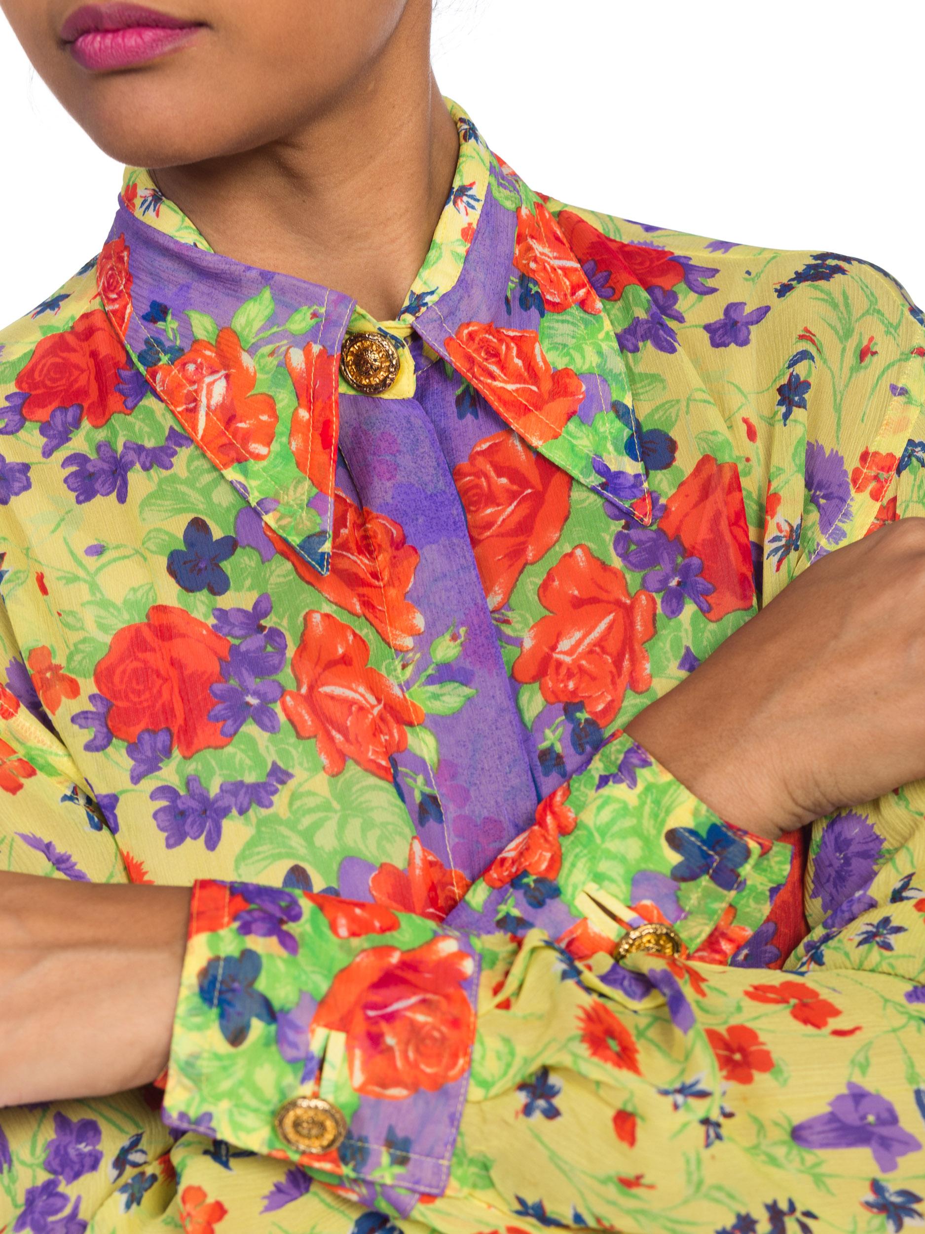 1990S  GIANNI VERSACE Floral Printed Silk Chiffon Sheer Oversized Shirt Sz 42 7