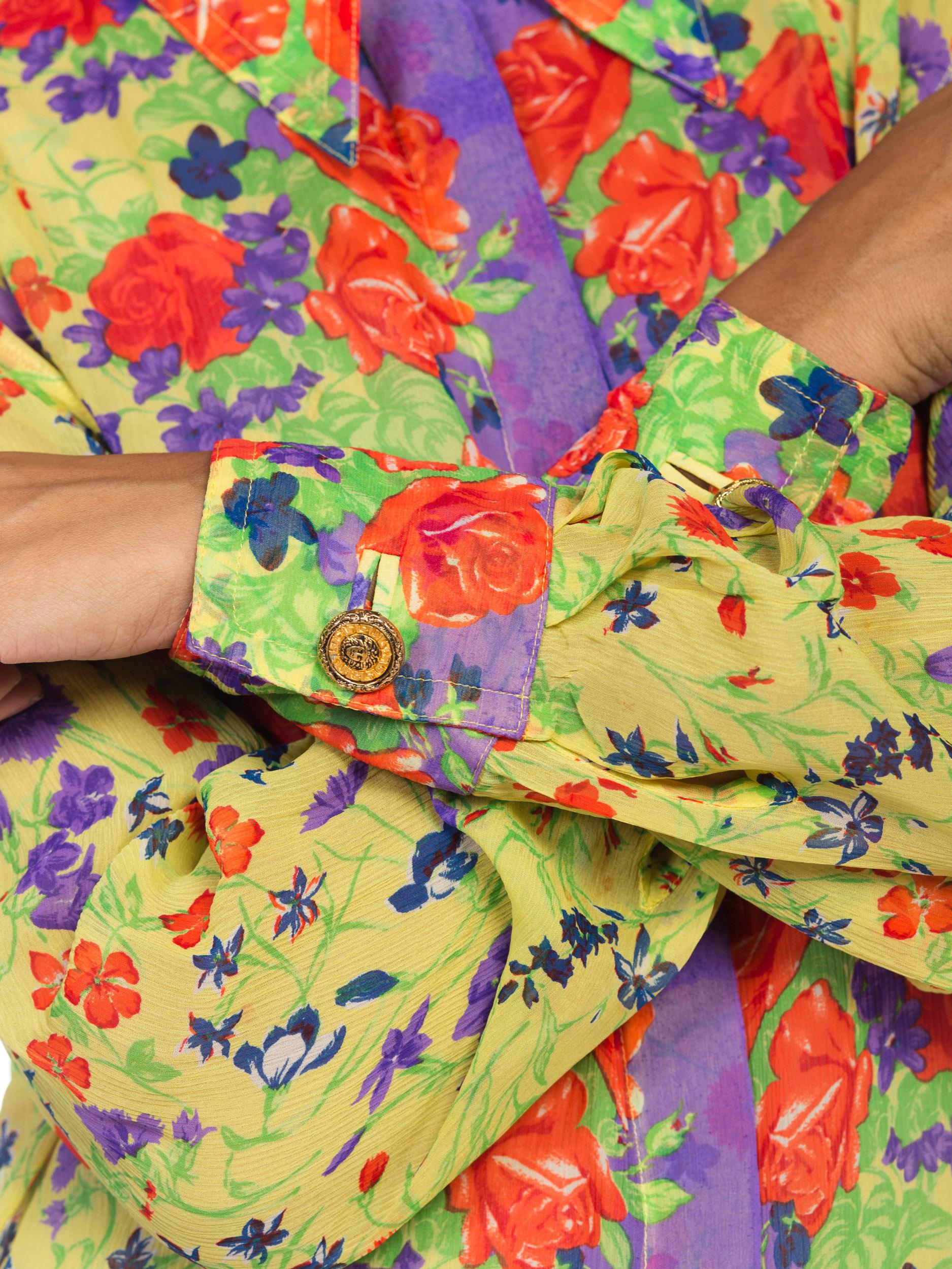 1990S  GIANNI VERSACE Floral Printed Silk Chiffon Sheer Oversized Shirt Sz 42 8