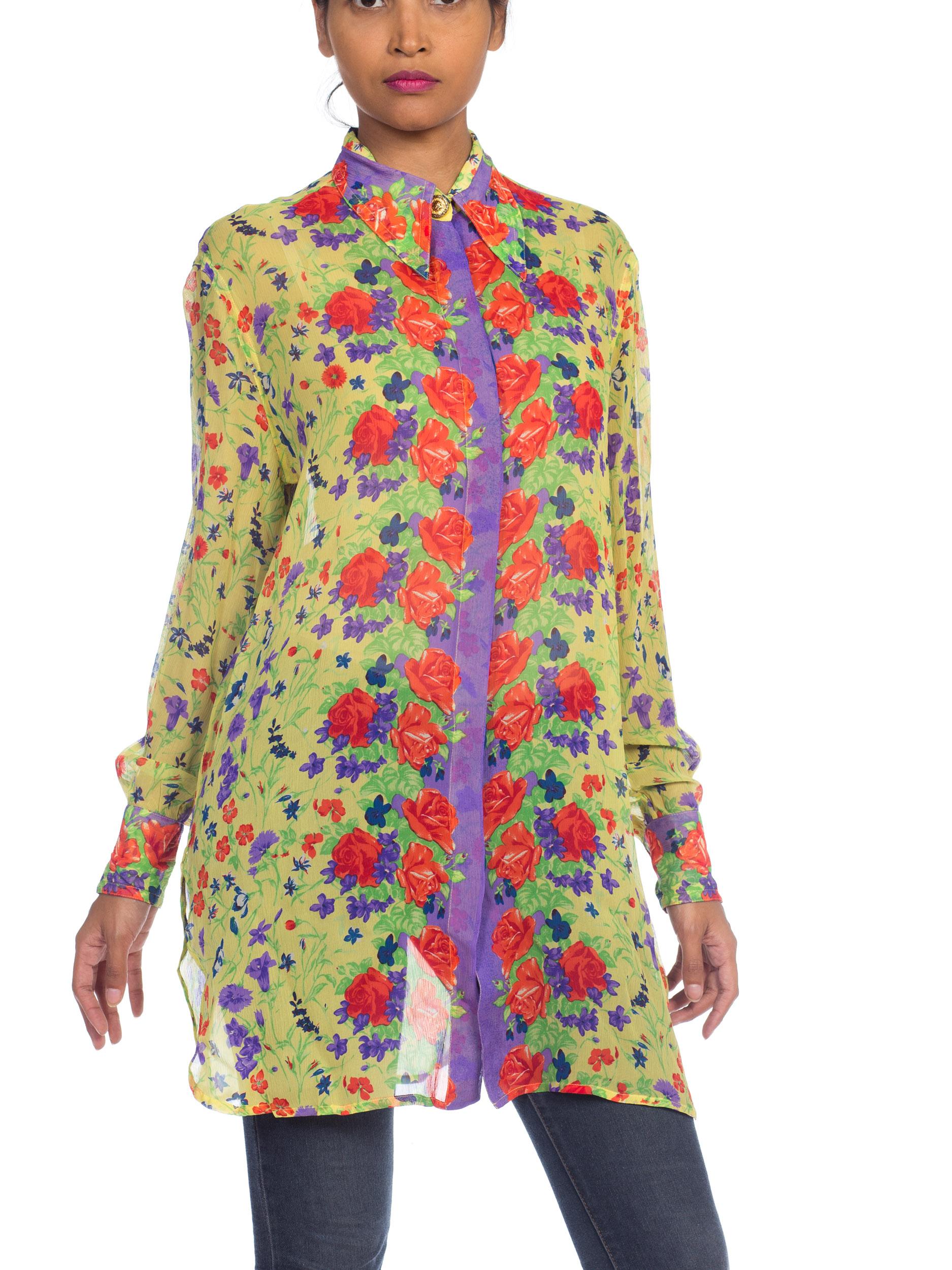 1990S  GIANNI VERSACE Floral Printed Silk Chiffon Sheer Oversized Shirt Sz 42 9