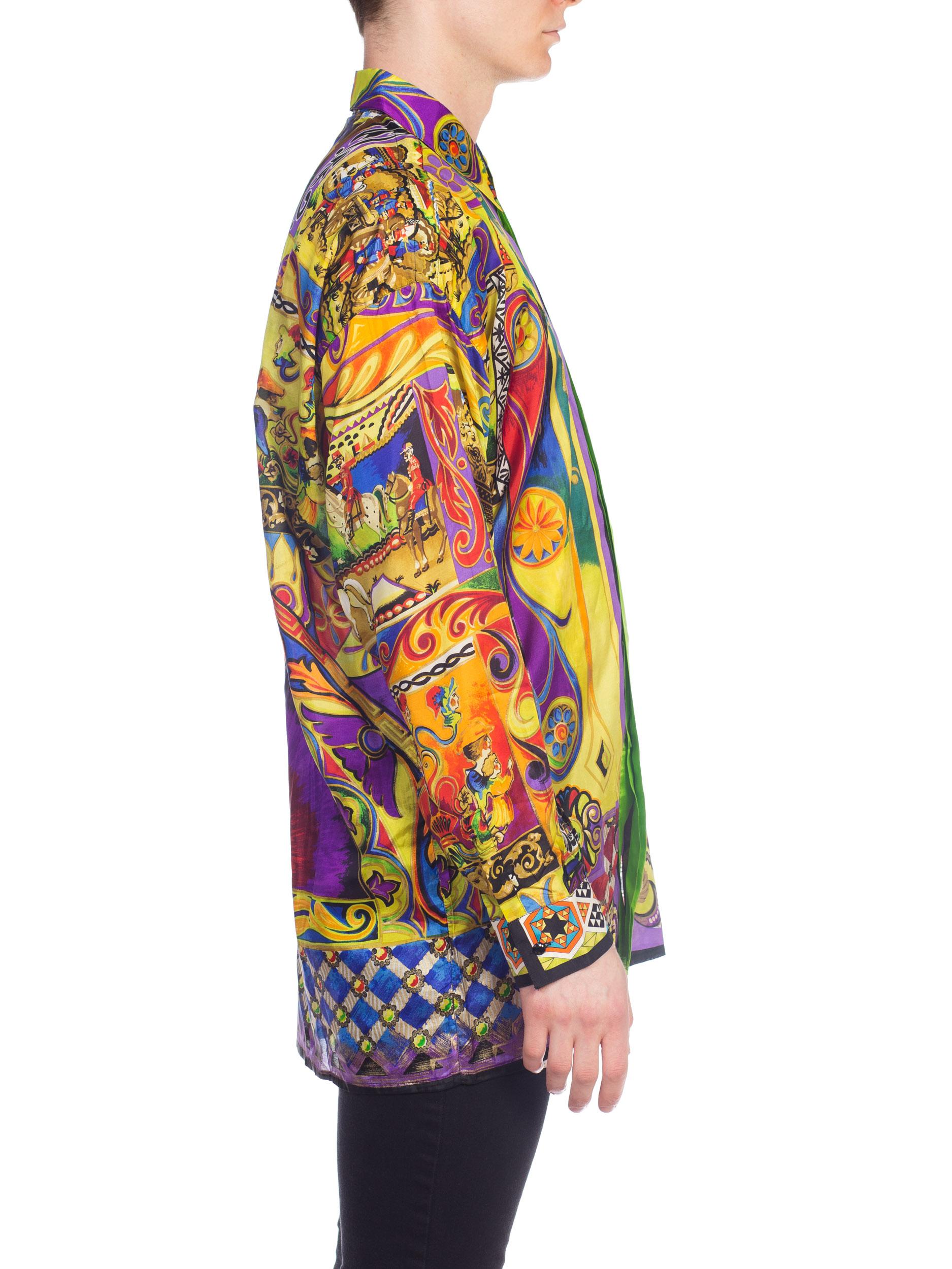 1990S GIANNI VERSACE Silk Men's Medieval Print Shirt With Metallic Gold Accents 1