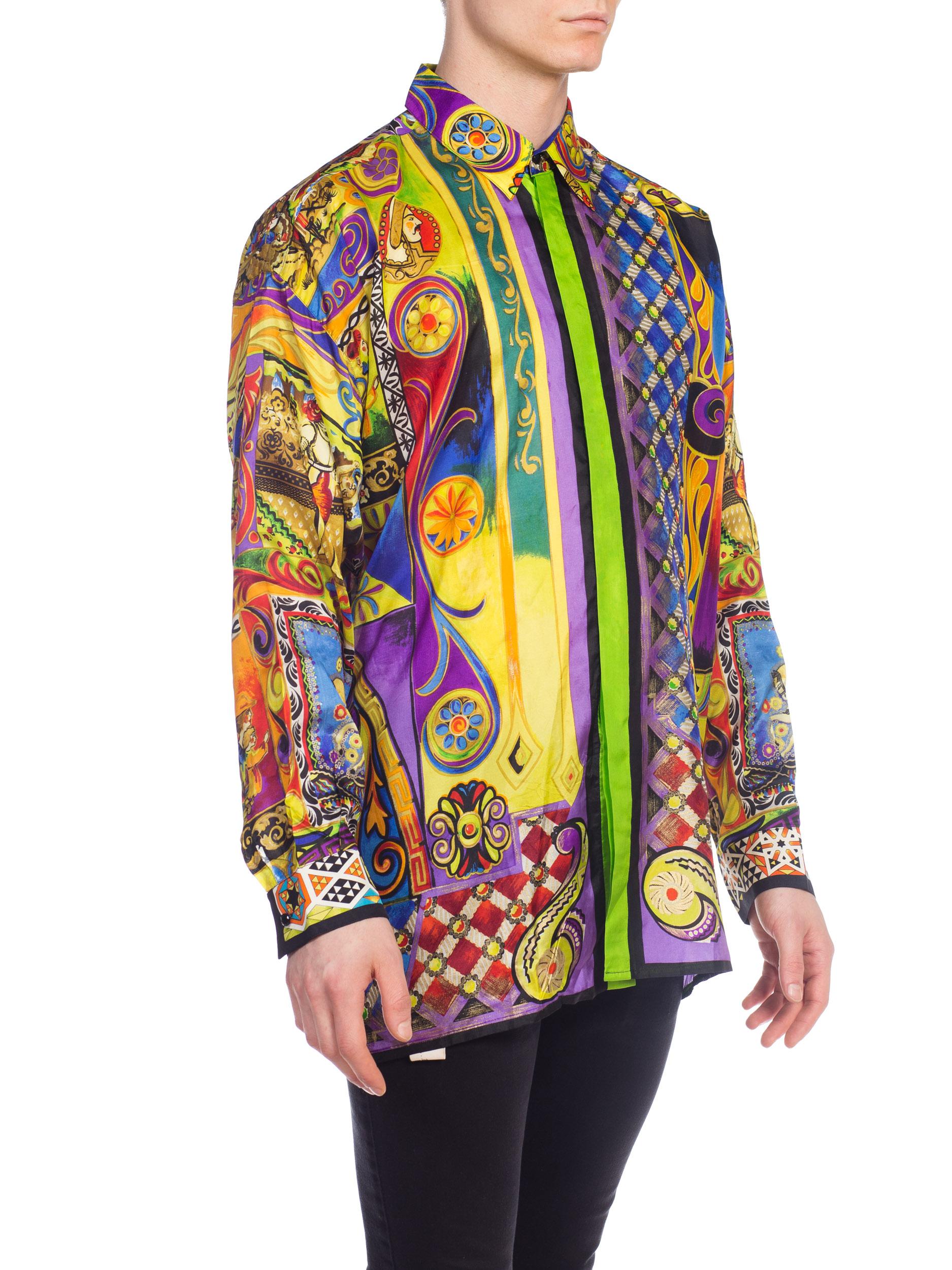 1990S GIANNI VERSACE Silk Men's Medieval Print Shirt With Metallic Gold Accents 2