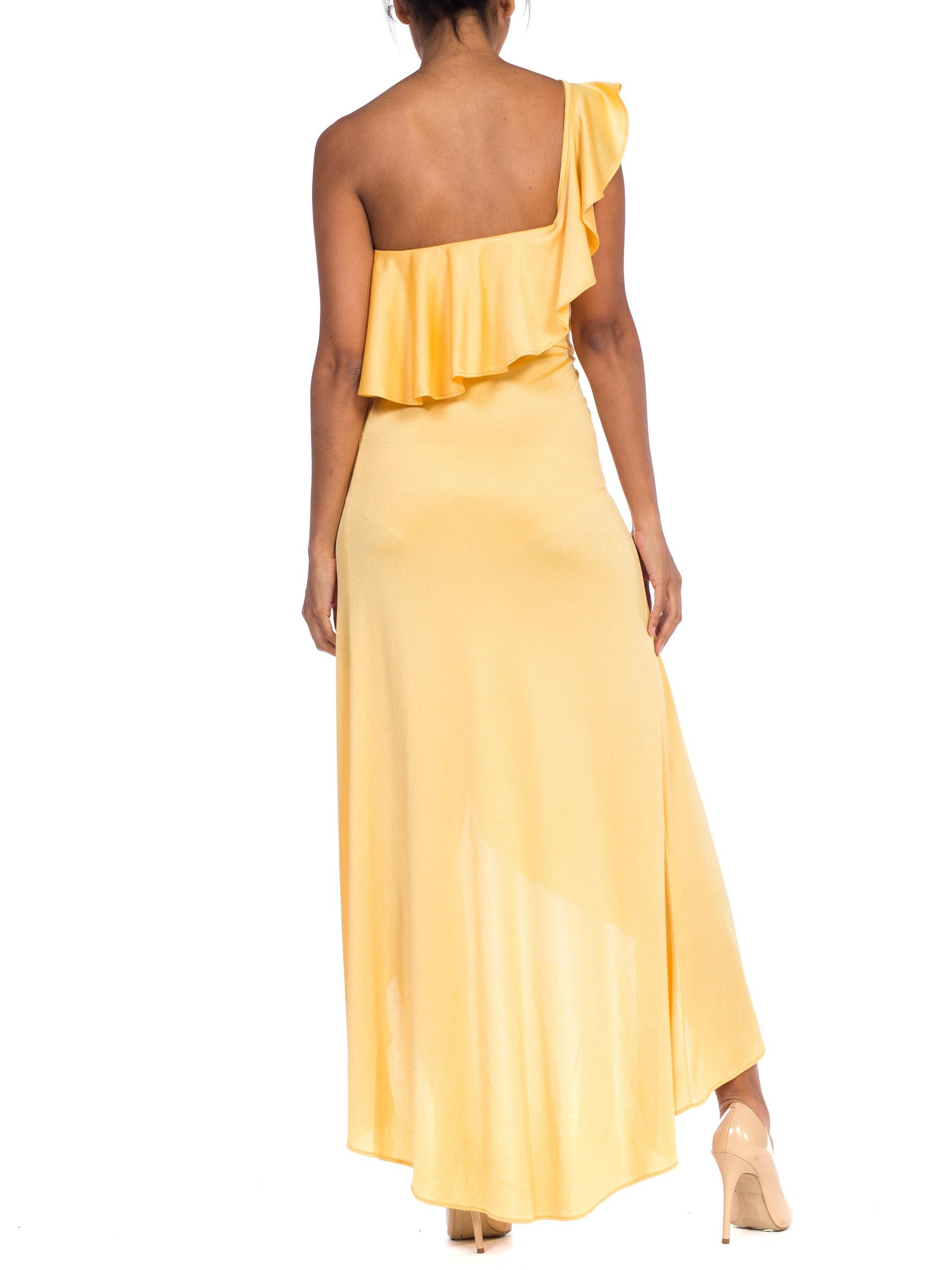 1970s Slinky One Shoulder Yellow Jersey Dress 1