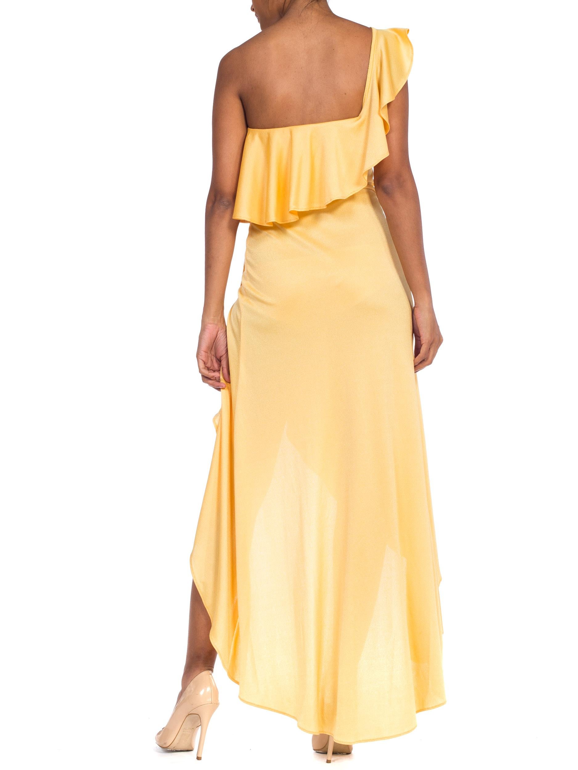 1970s Slinky One Shoulder Yellow Jersey Dress 3