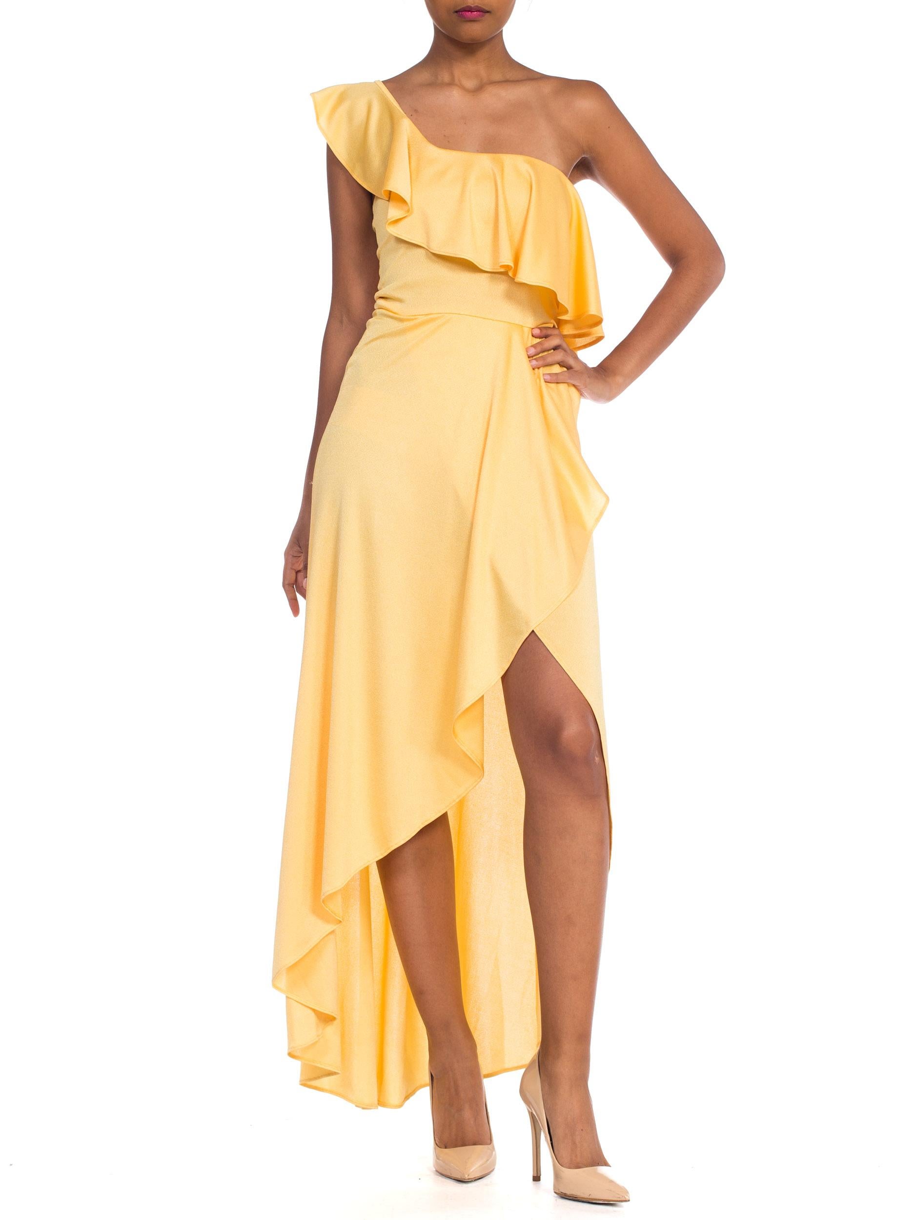 1970s Slinky One Shoulder Yellow Jersey Dress 6