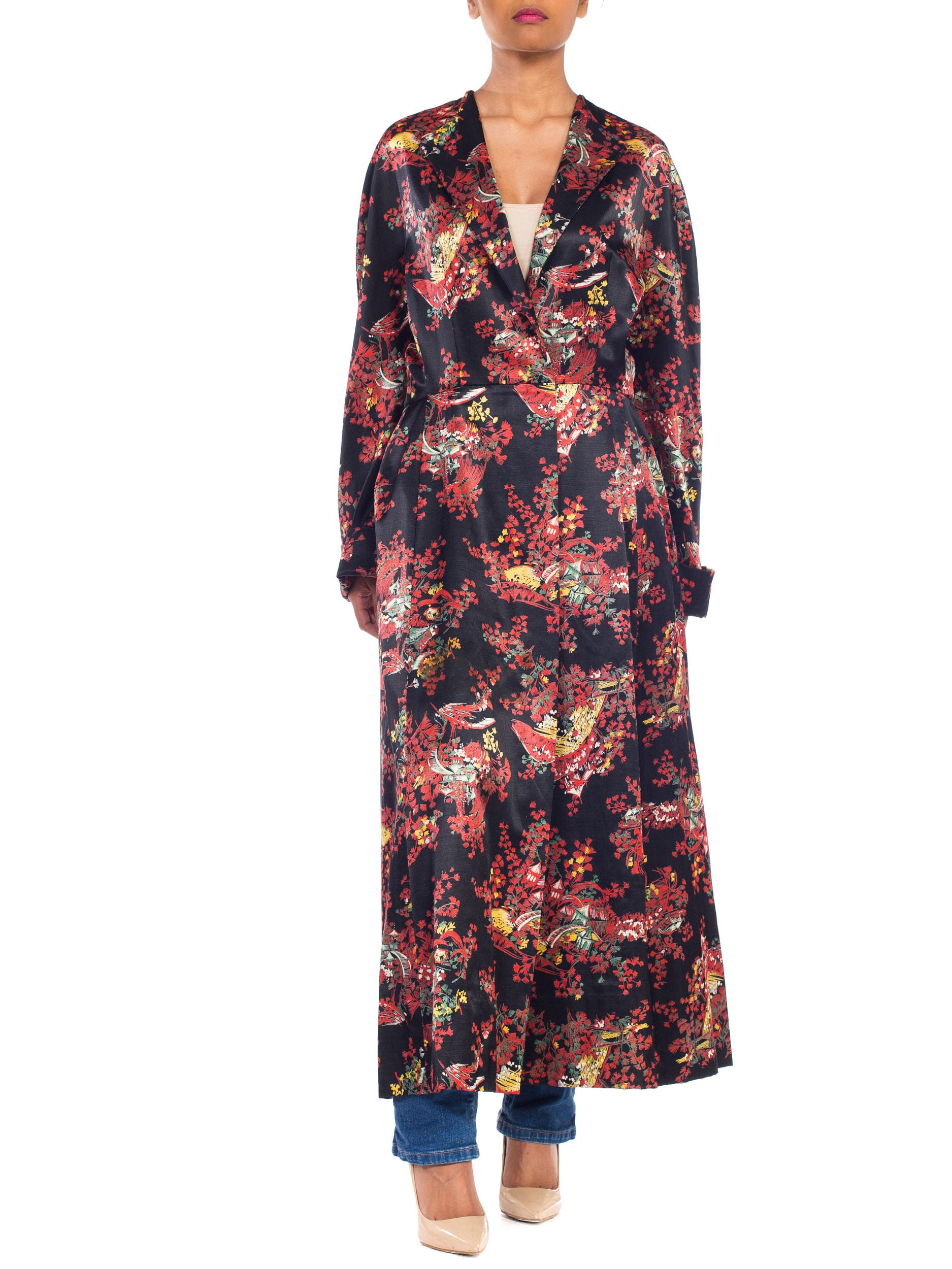 1940S Black Asian Cotton / Rayon Satin Faced Flannel Duster Robe im Zustand „Hervorragend“ in New York, NY