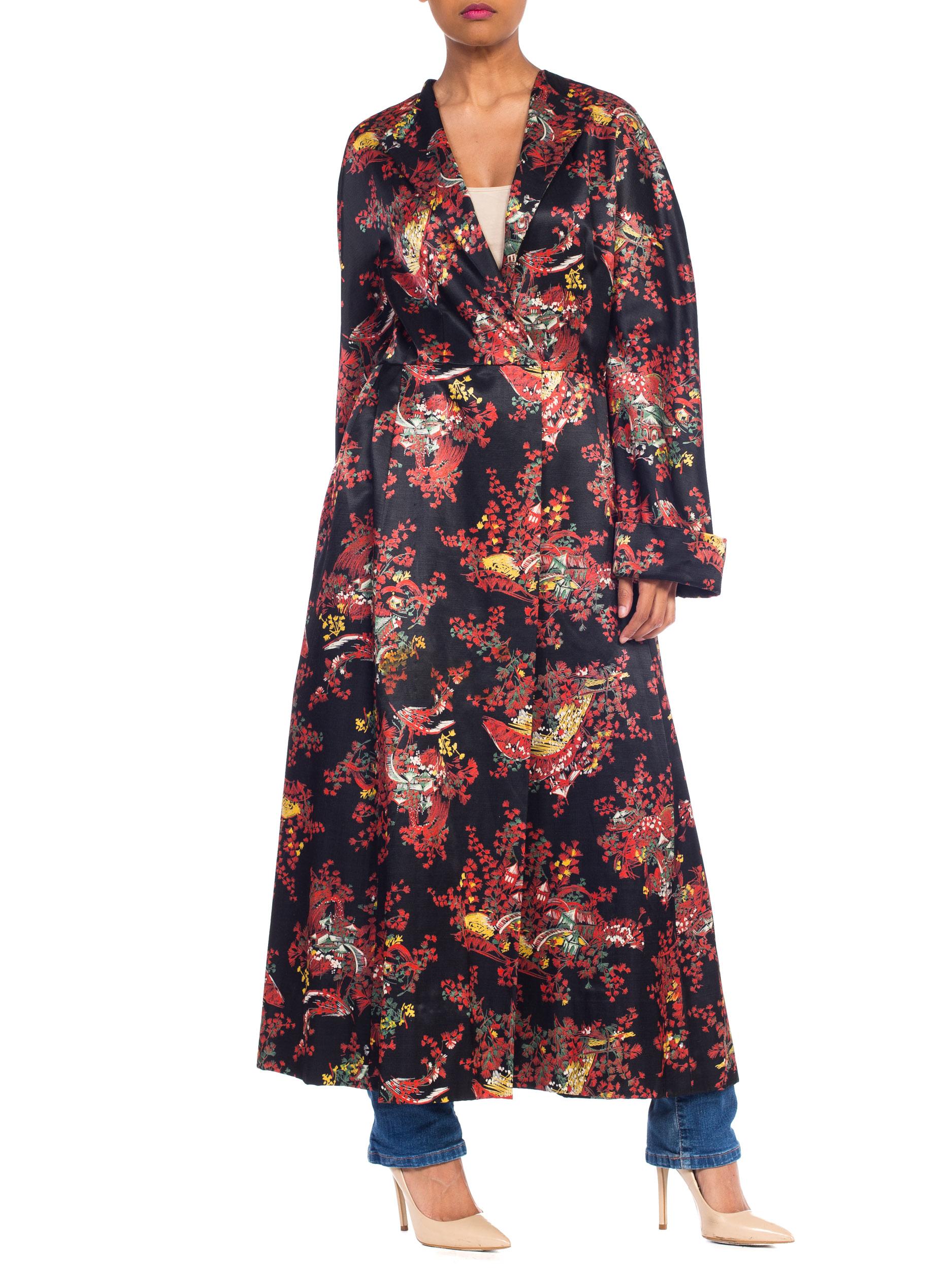 1940S Black Asian Cotton / Rayon Satin Faced Flannel Duster Robe Damen