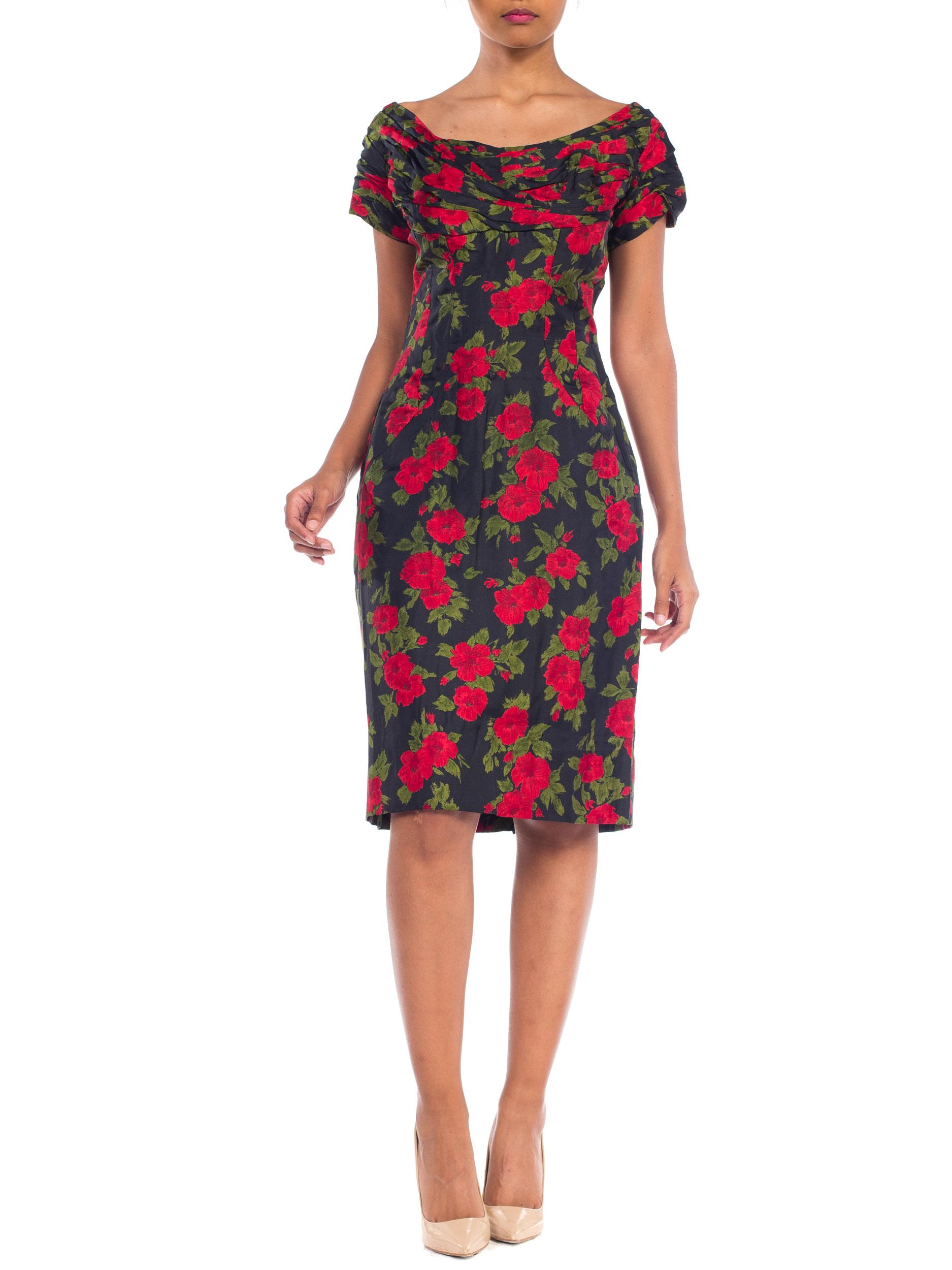 1950S DOLCE & GABBANA Style Silk Twill Red Black Classic Rose Floral Printed Dress With Hand Draped Neckline