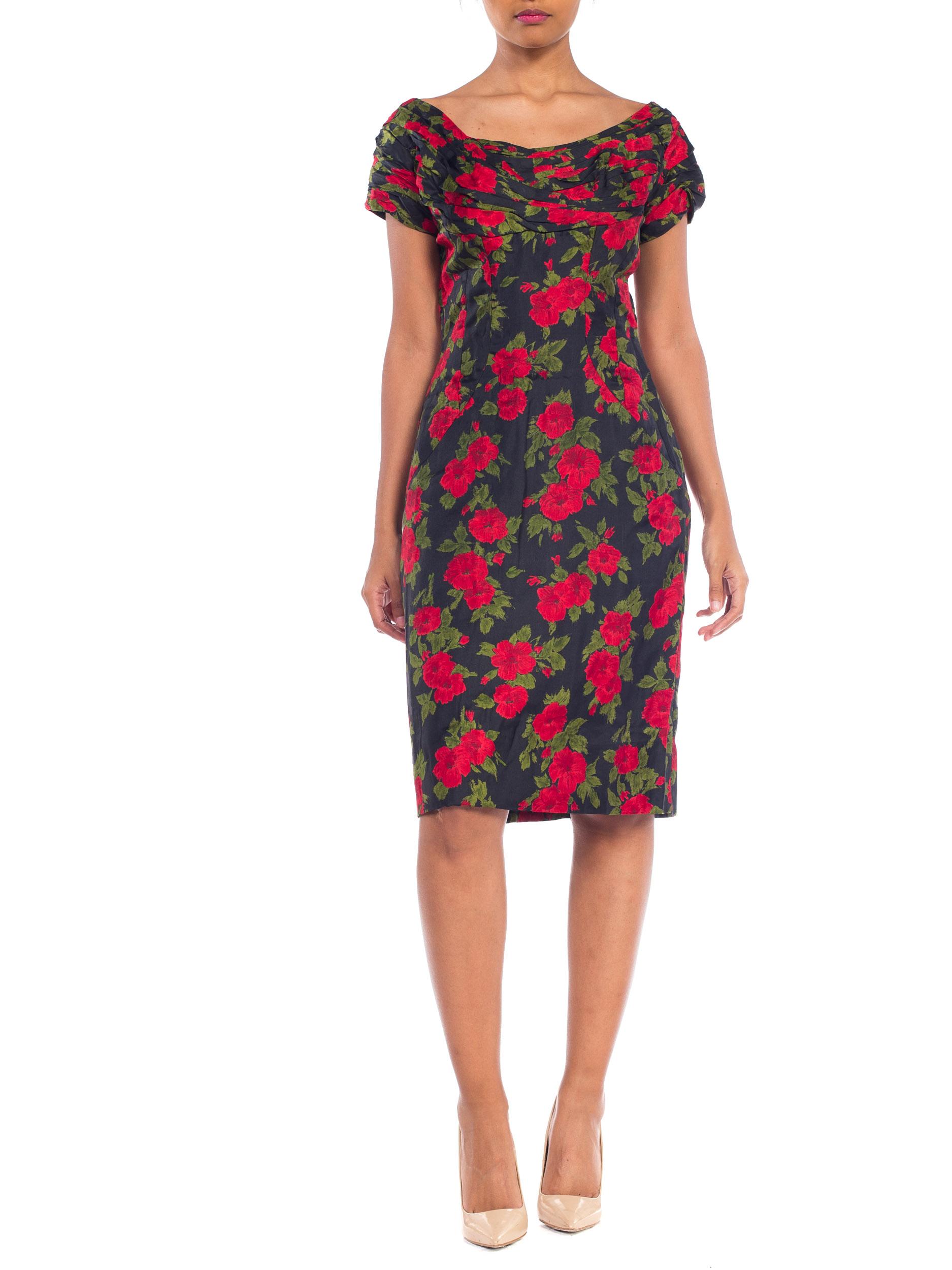 1950S DOLCE & GABBANA Style Silk Twill Red Black Classic Rose Floral Printed Dr For Sale 9