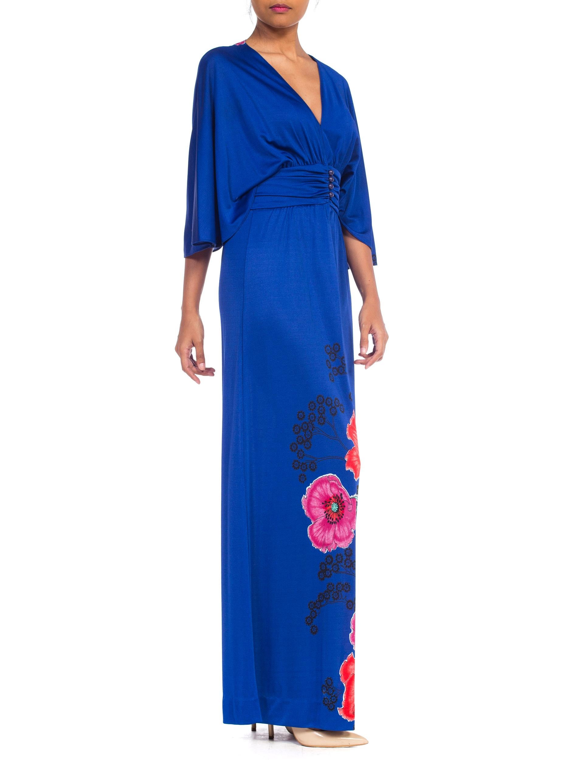 1970S GIORGIO BEVERLY HILLLS Cobalt Blue Polyester Jersey Low Cut Disco Dress In Excellent Condition In New York, NY