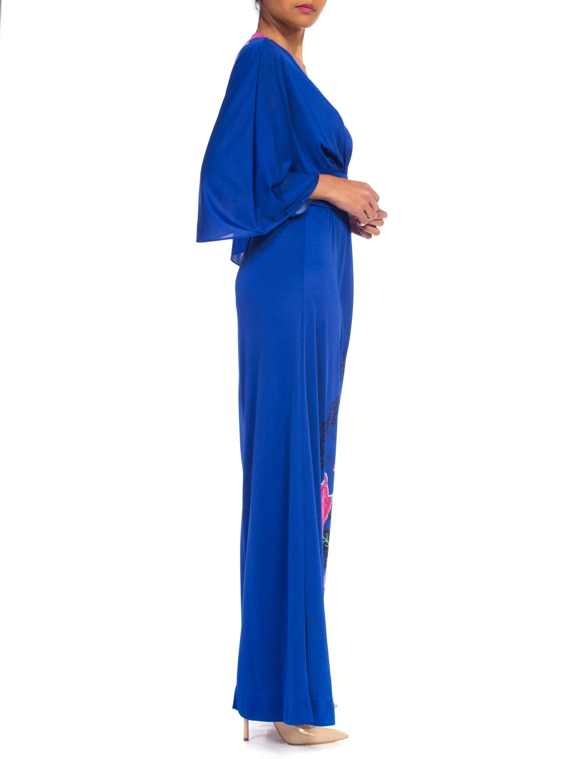 Women's 1970S GIORGIO BEVERLY HILLLS Cobalt Blue Polyester Jersey Low Cut Disco Dress