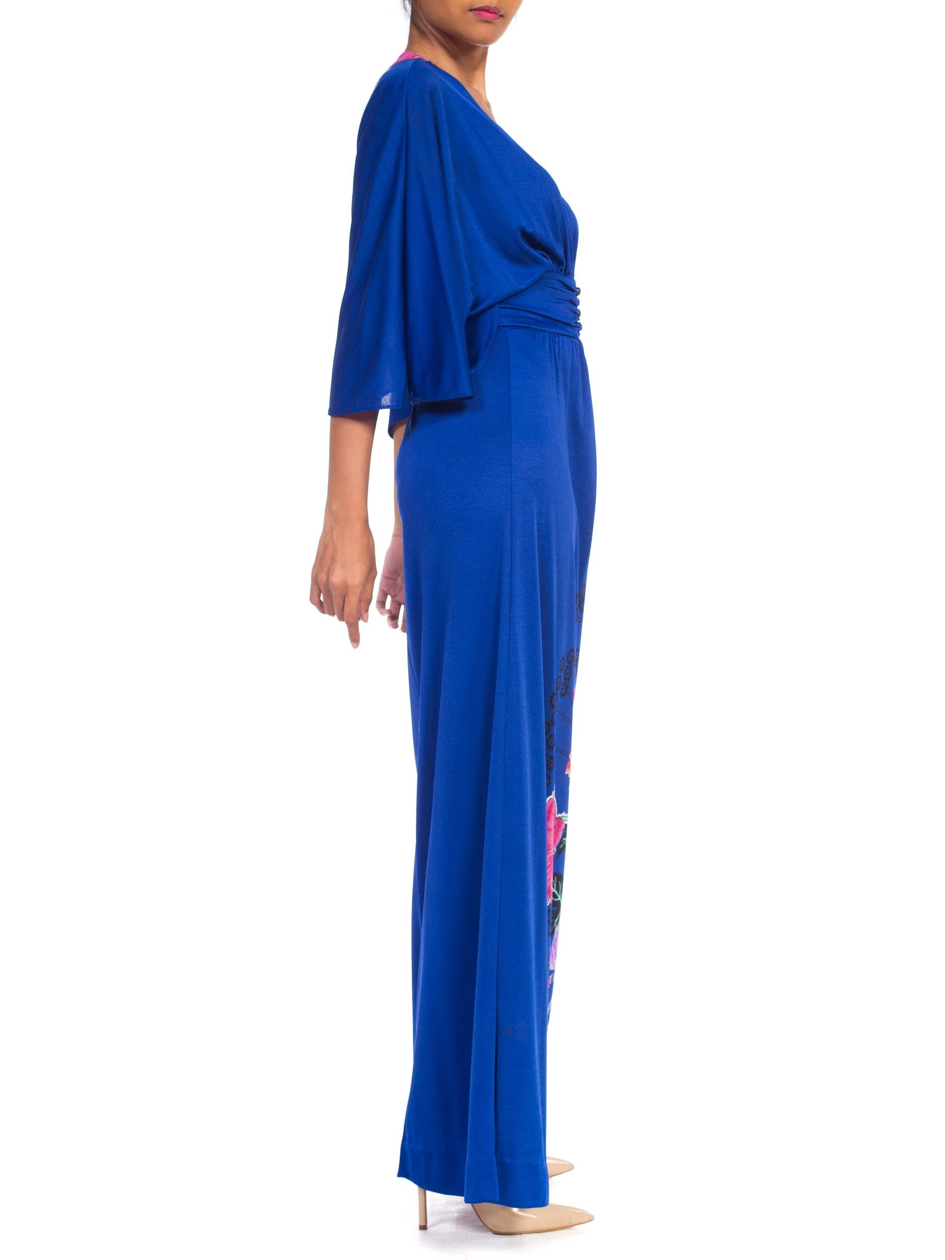 1970S GIORGIO BEVERLY HILLLS Cobalt Blue Polyester Jersey Low Cut Disco Dress 1